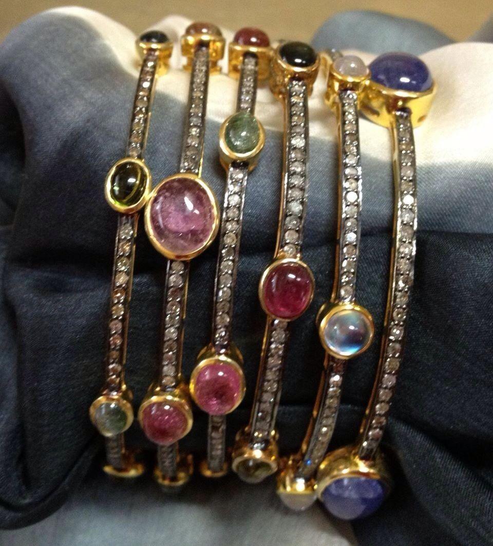 Women's or Men's Set of 6 multicolored Natural Tourmaline real diamonds oxidized silver bracelets For Sale