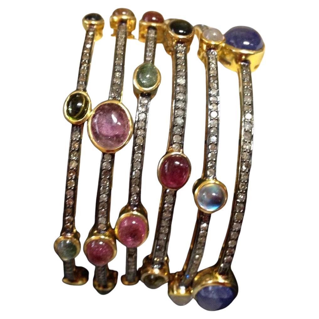 Set of 6 multicolored Natural Tourmaline real diamonds oxidized silver bracelets For Sale