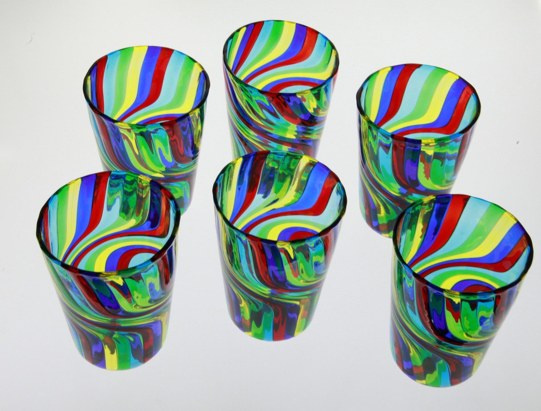 Mid-Century Modern Set of 6 Murano Art Glass Tumblers, Doppio Ritorto Amazing Technique, Signed For Sale