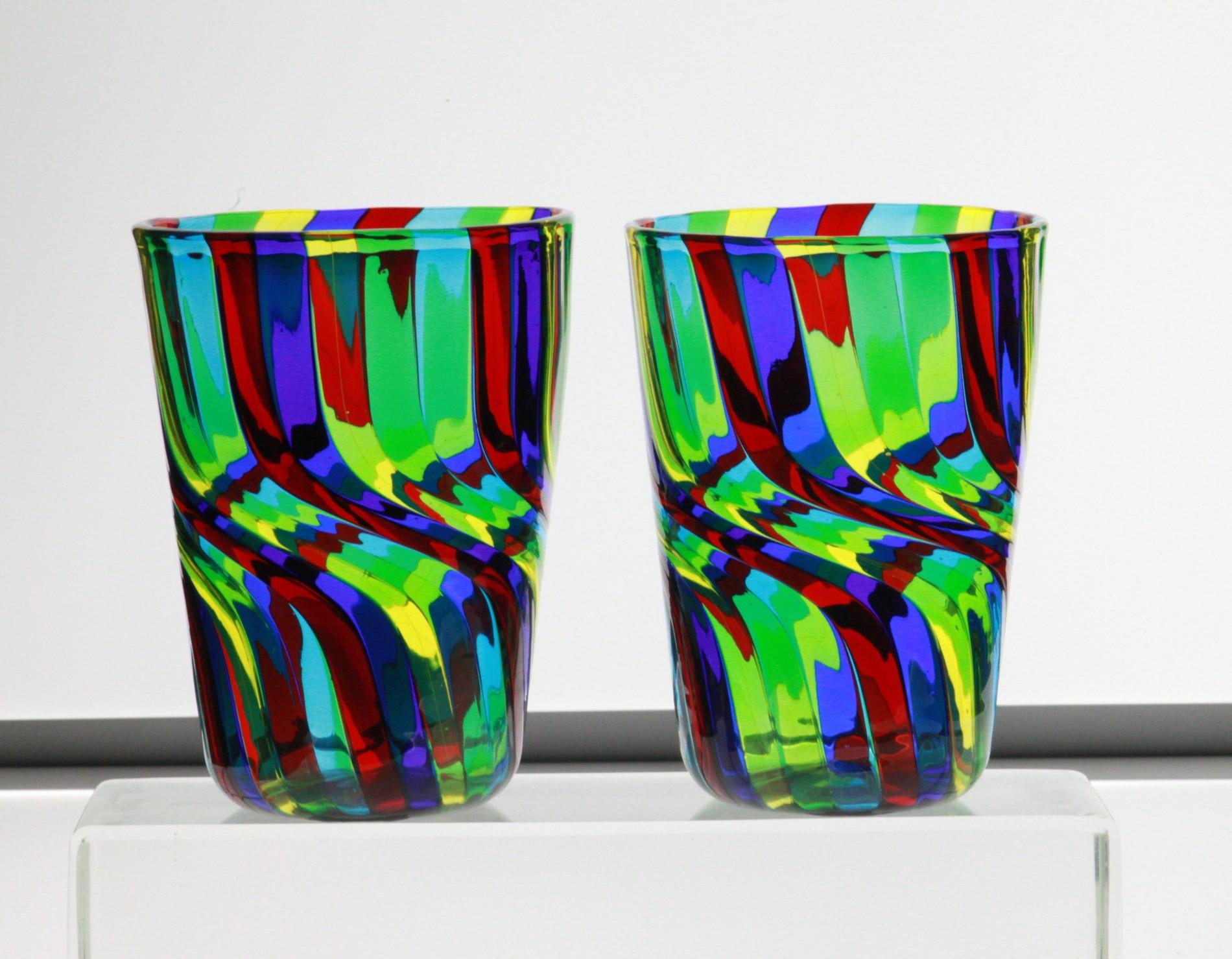 Italian Set of 6 Murano Art Glass Tumblers, Doppio Ritorto Amazing Technique, Signed For Sale