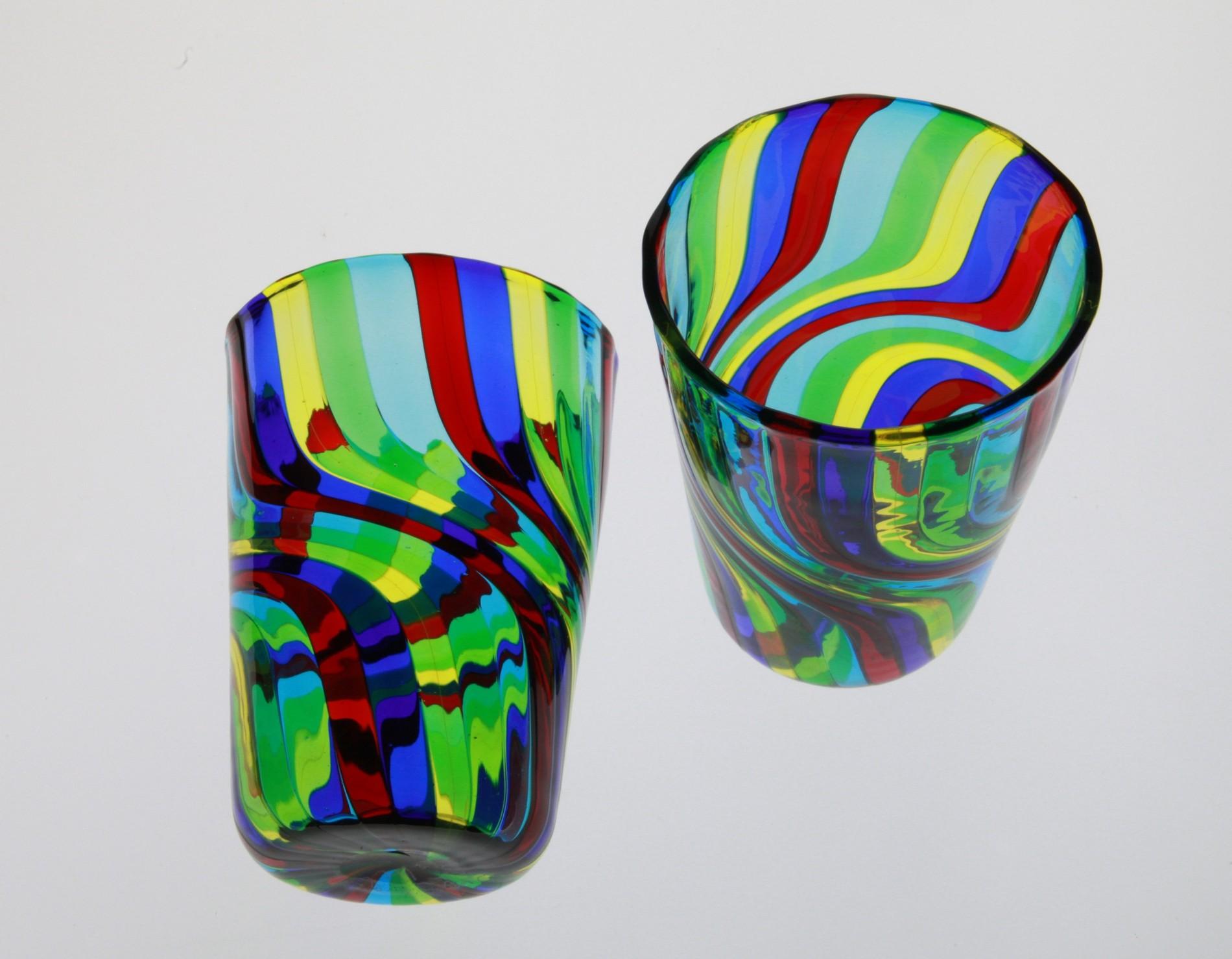 Contemporary Set of 6 Murano Art Glass Tumblers, Doppio Ritorto Amazing Technique, Signed For Sale