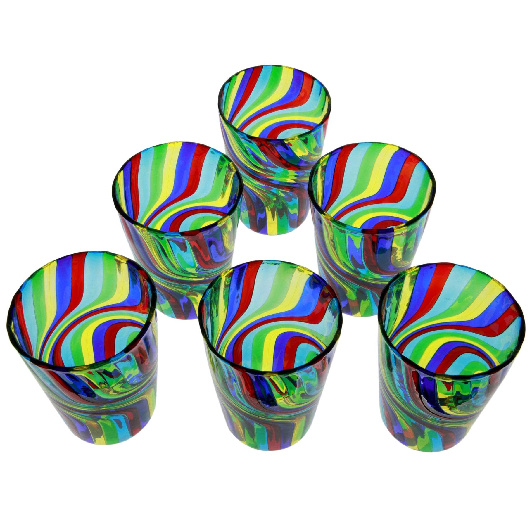 Set of 6 Murano Art Glass Tumblers, Doppio Ritorto Amazing Technique, Signed For Sale