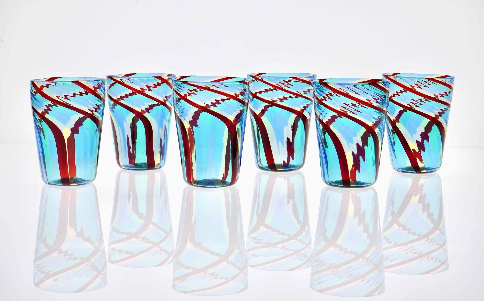 Set di 6 bicchieri in vetro artistico di Murano, Mezzo Ritorto, tonalità di blu e rosso, firmato in vendita 8
