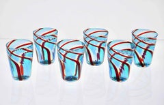 Set of 6 Murano Art Glass Tumblers, Mezzo Ritorto hues of blue and red, Signed