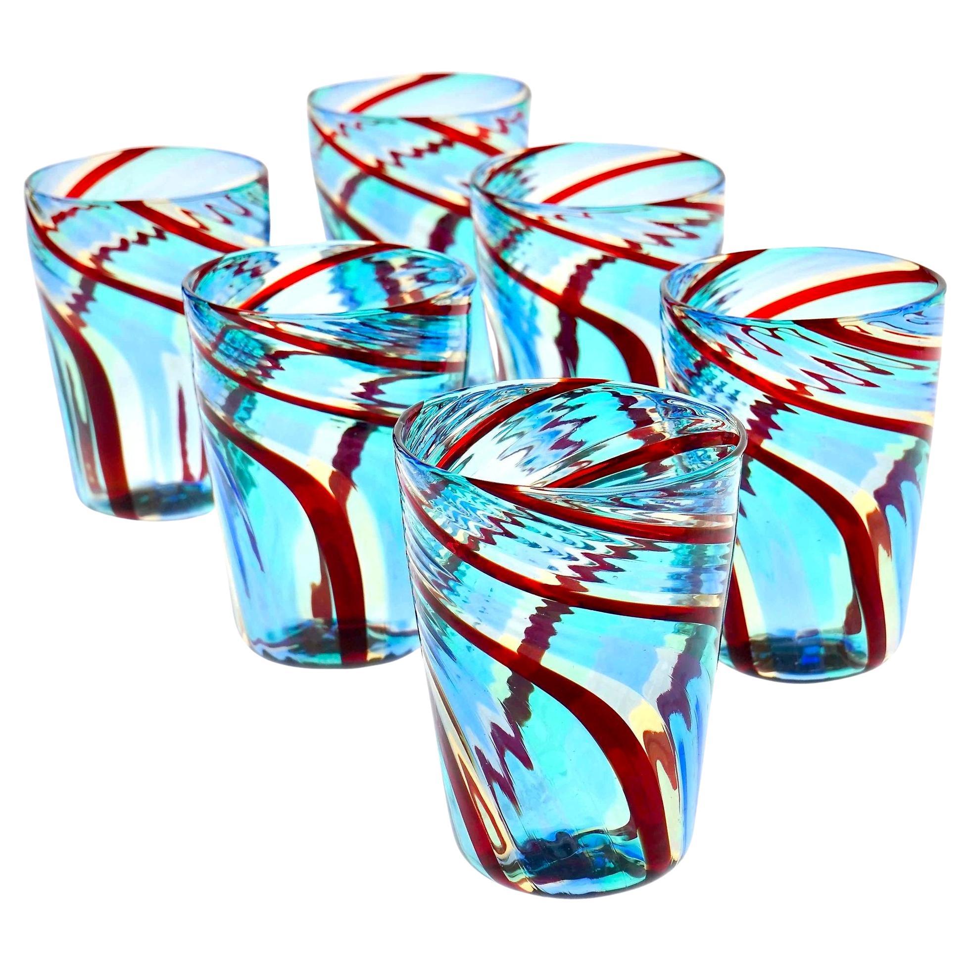 Set of 6 Murano Art Glass Tumblers, Mezzo Ritorto hues of blue and red, Signed