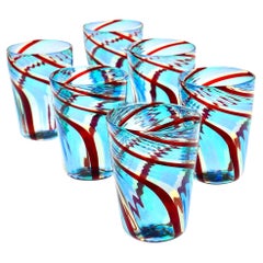Set of 6 Murano Art Glass Tumblers, Mezzo Ritorto hues of blue and red, Signed