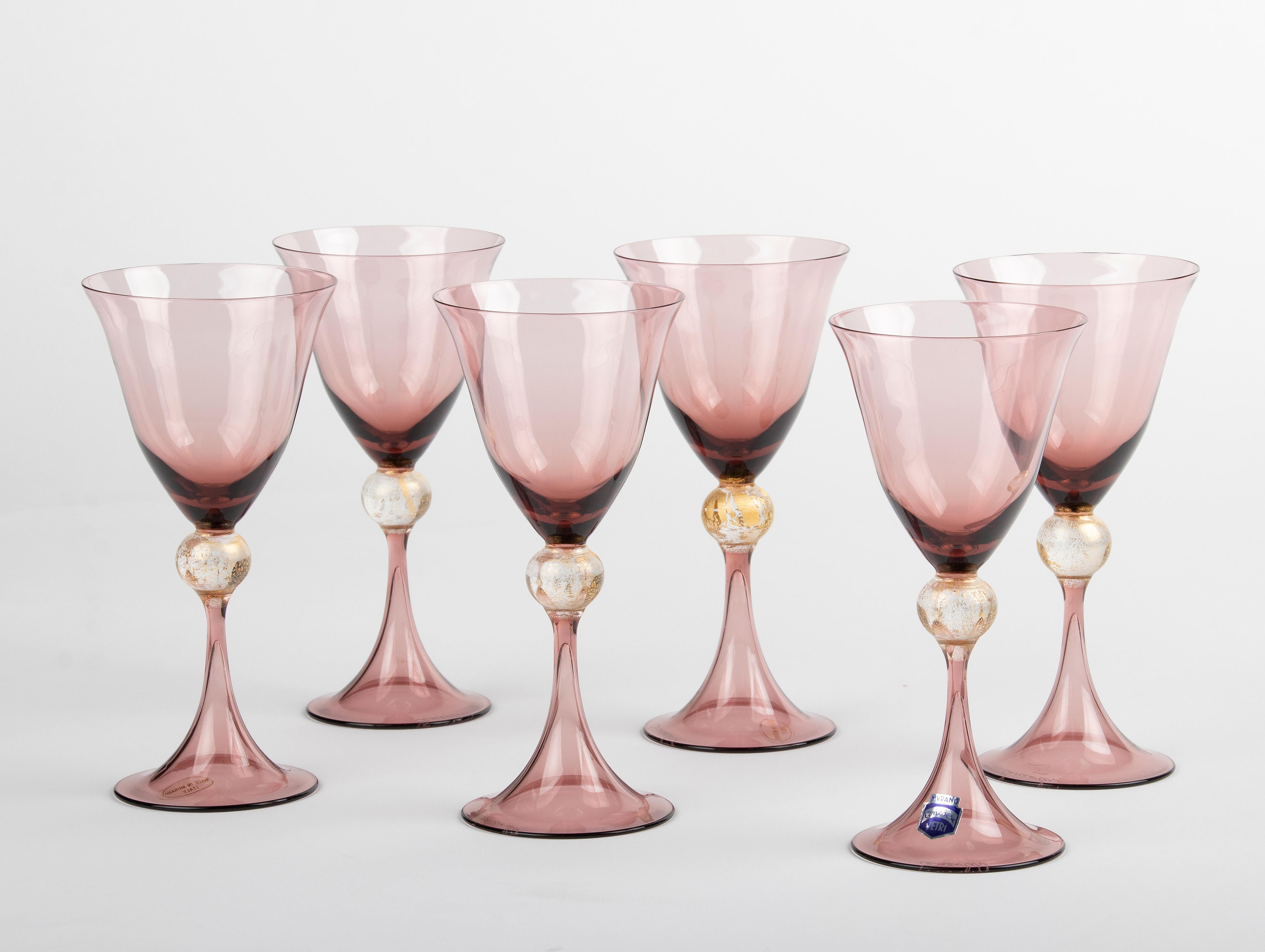 Mid-Century Modern Set of 6 Murano Cenedese Stemmed Wine Glasses 