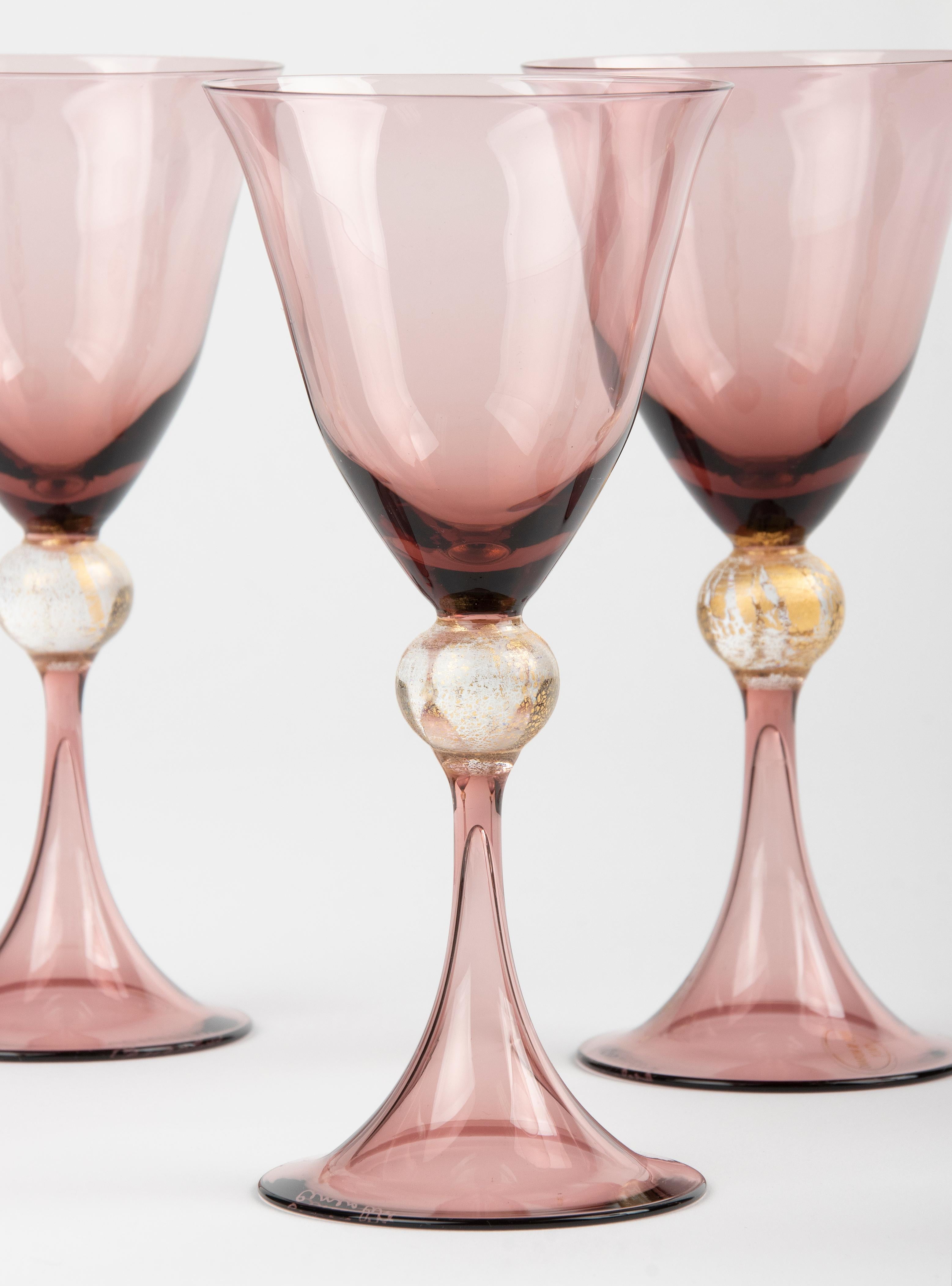 Italian Set of 6 Murano Cenedese Stemmed Wine Glasses 
