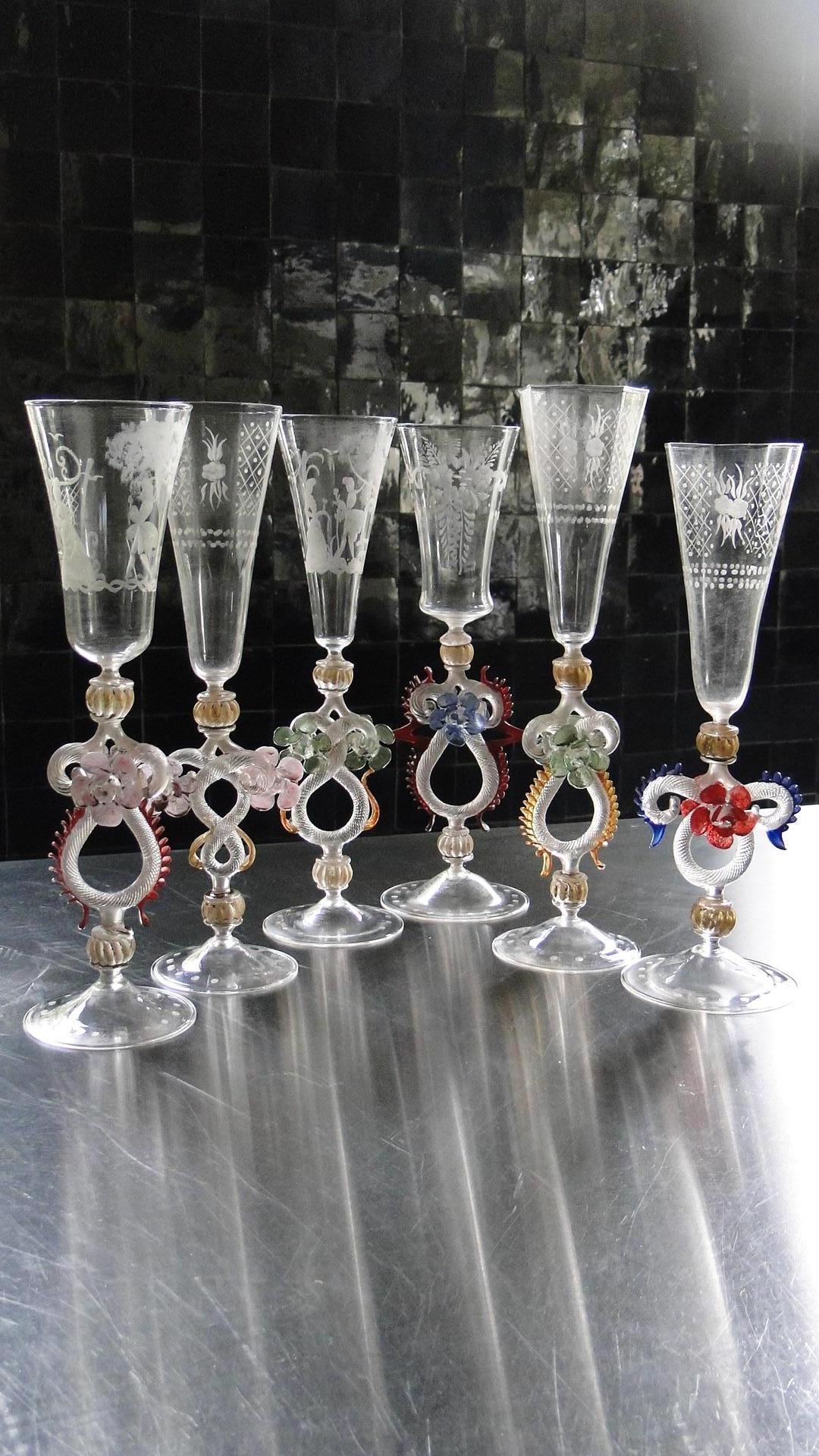 Set of 6 Murano Champagne Flutes 20th Century Glass Blown In Excellent Condition For Sale In Sames, FR
