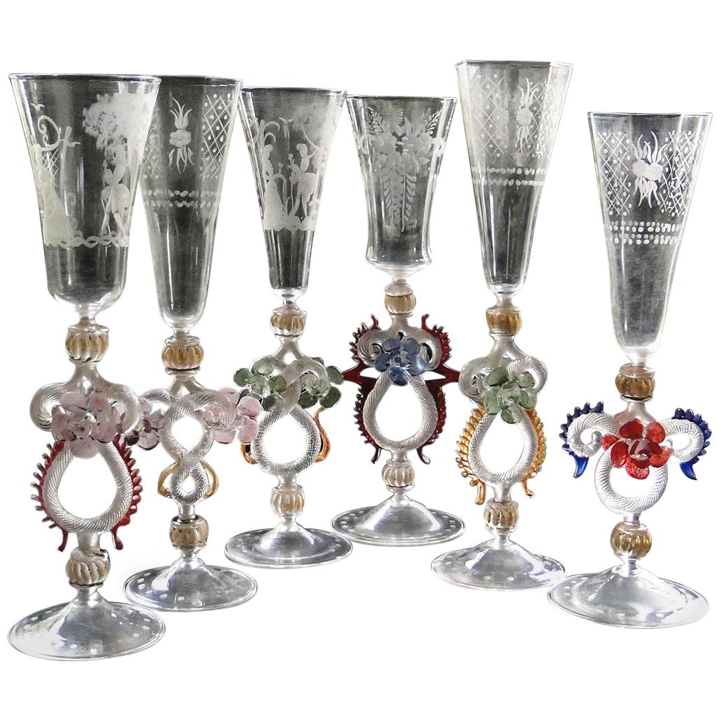 Set of 6 Murano Champagne Flutes 20th Century Glass Blown For Sale