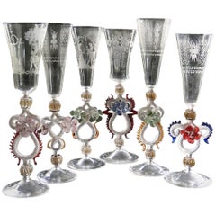 Antique Set of 6 Murano Champagne Flutes 20th Century Glass Blown