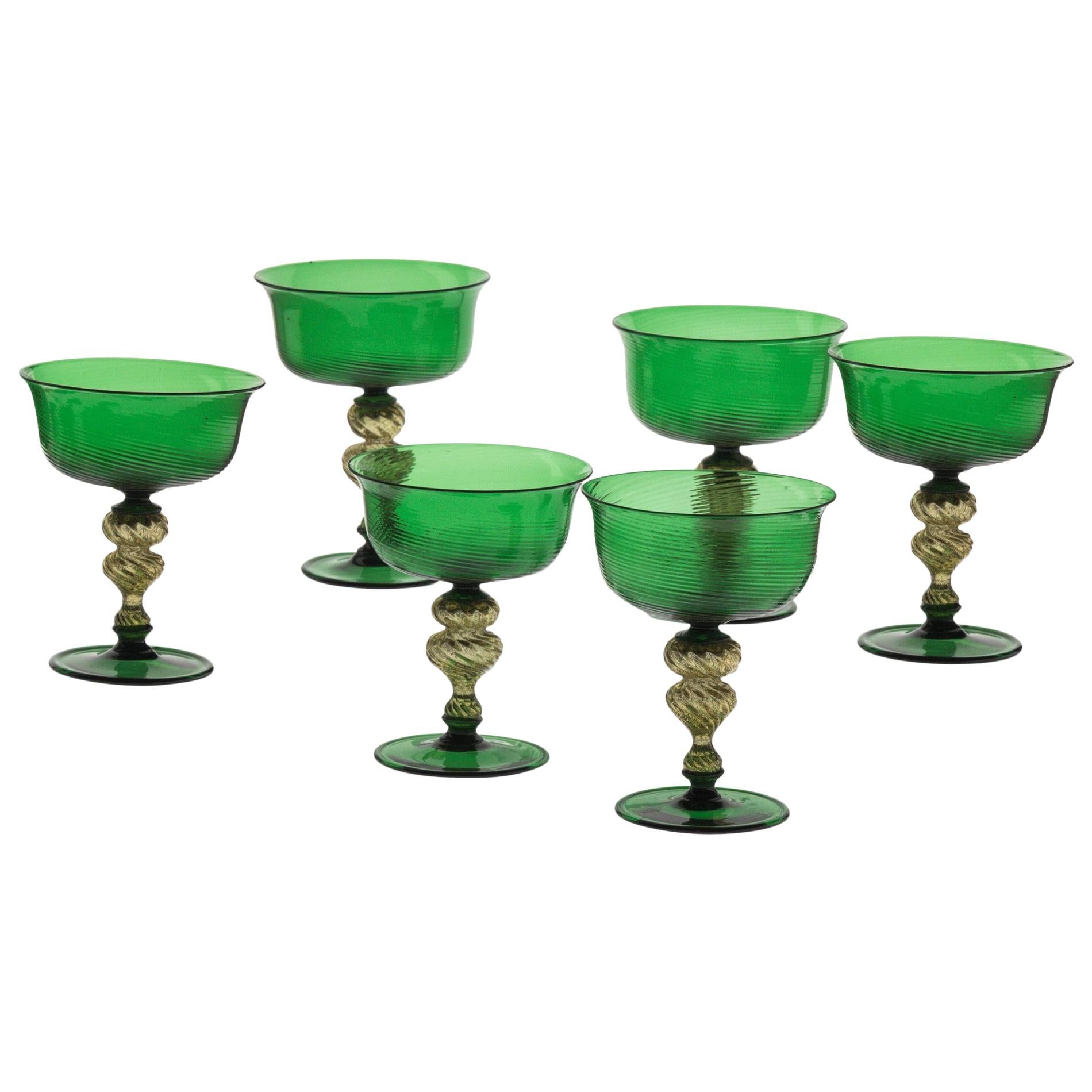 Set of 6 Murano Glass Deep Champagne Cups, Green Rigadin and Gold Leaf, Seguso