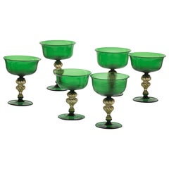 Vintage Set of 6 Murano Glass Deep Champagne Cups, Green Rigadin and Gold Leaf, Seguso