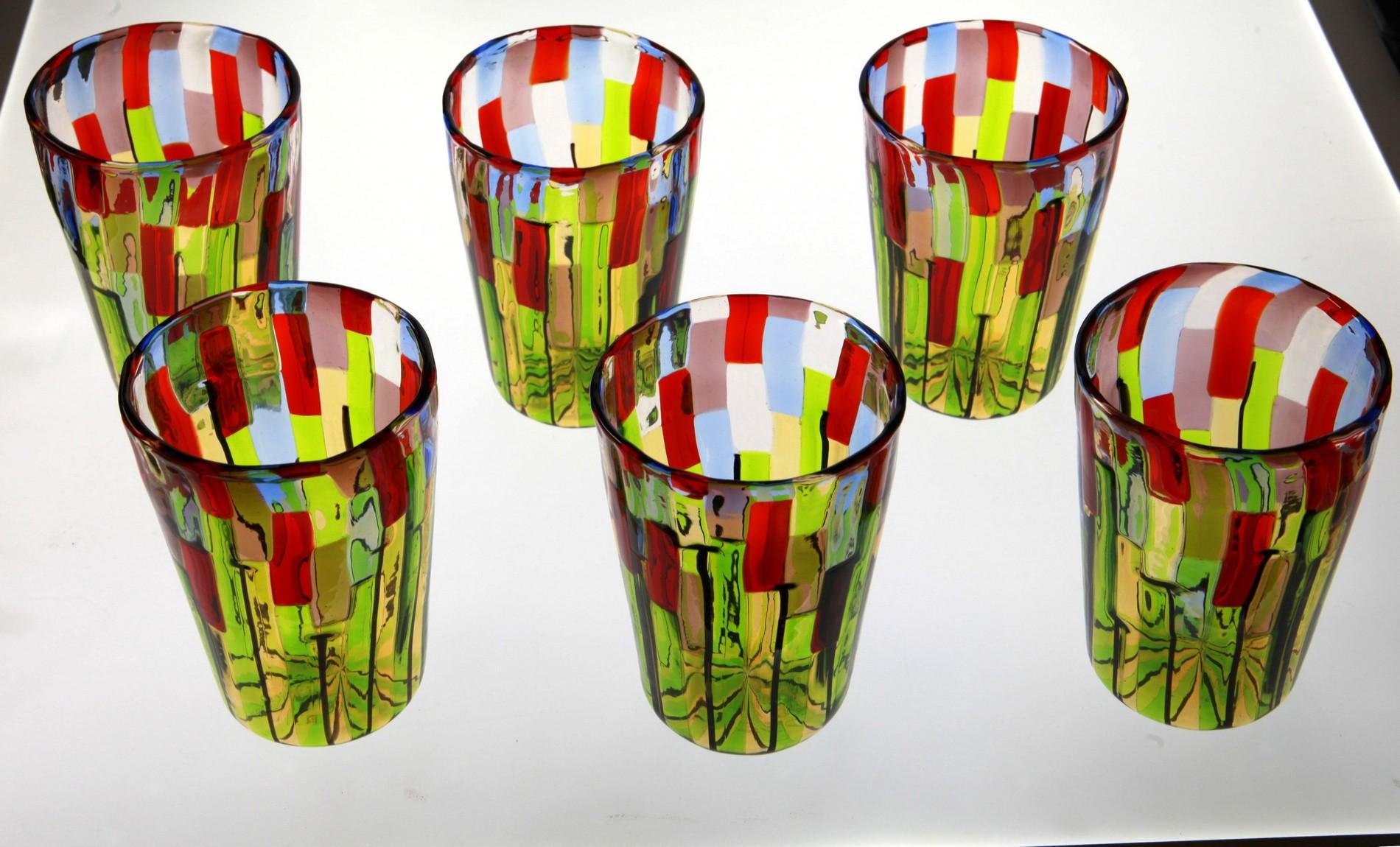 Set of 6 Murano Glass Tumblers, Blooming Field with Poppies and Lavender, Signed For Sale 3