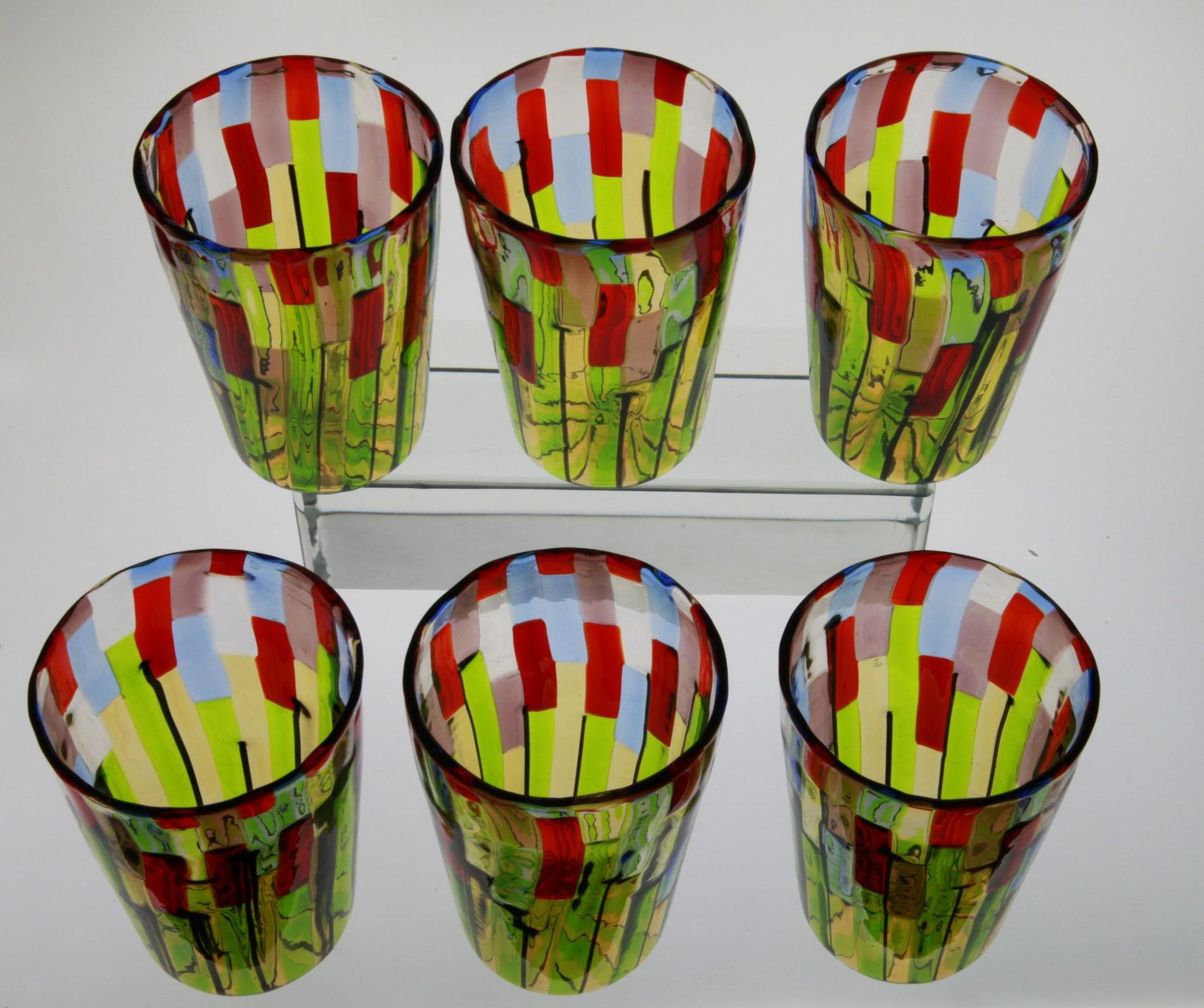 Set of 6 Murano Glass Tumblers, Blooming Field with Poppies and Lavender, Signed For Sale 10