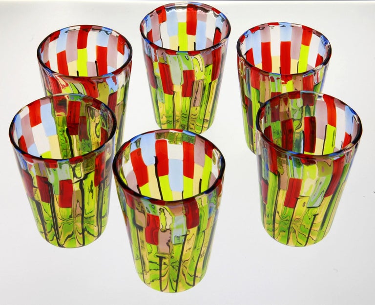 Set of 6 Murano Glass Tumblers, Blooming Field with Poppies and