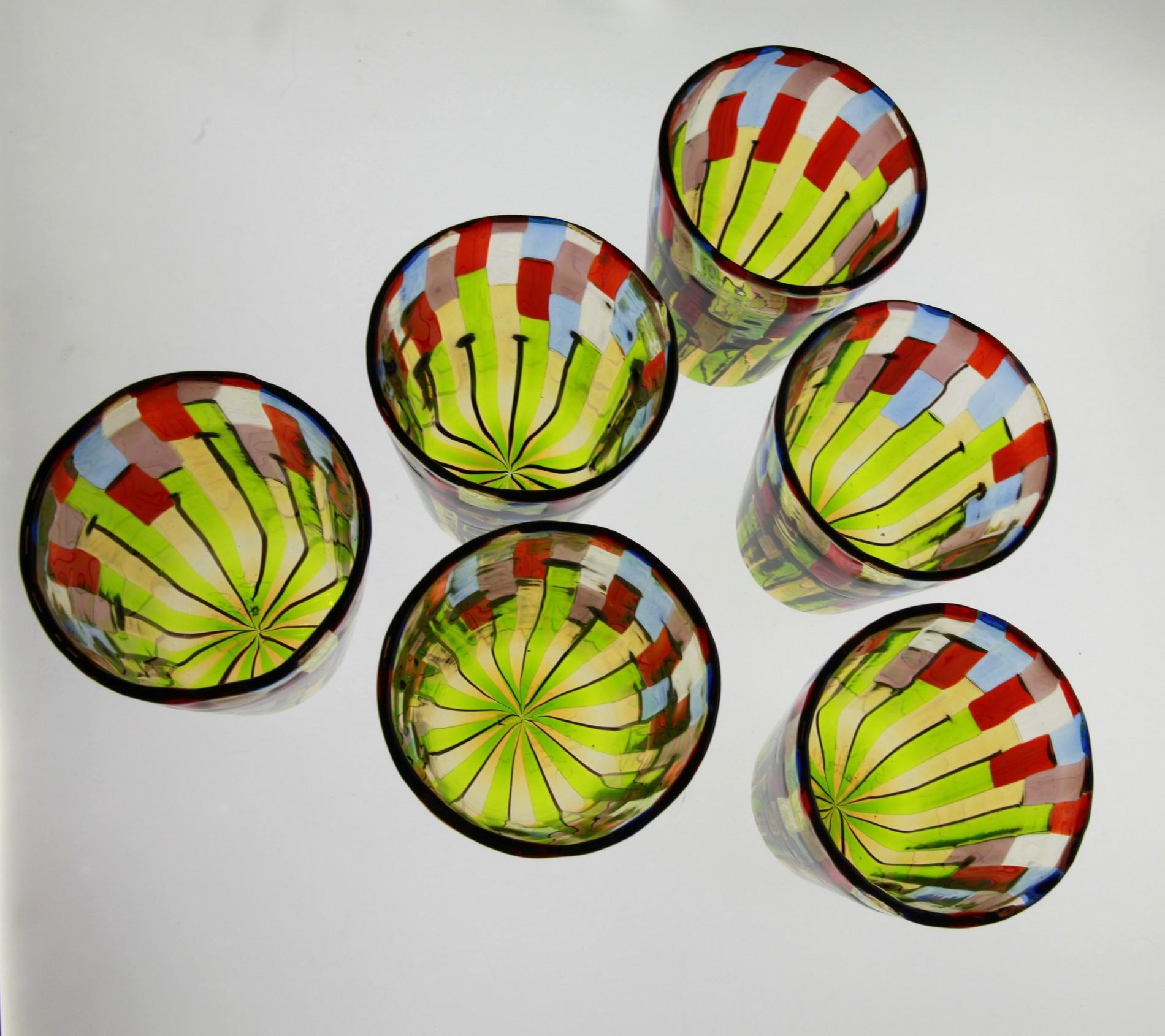 Set of 6 Murano Glass Tumblers, Blooming Field with Poppies and Lavender, Signed In Excellent Condition For Sale In Tavarnelle val di Pesa, Florence