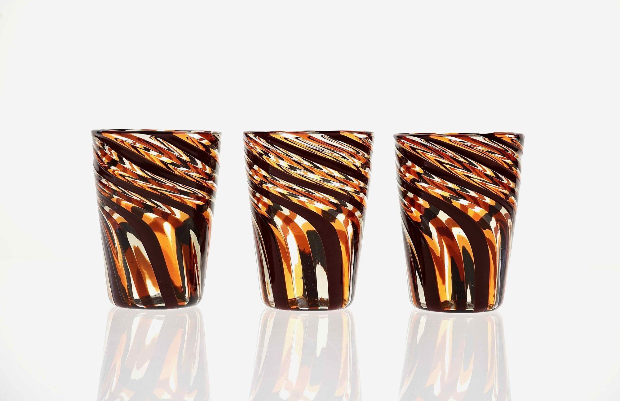 Set of 6 Murano Glass Tumblers, Mezzo Ritorto in Brown and Amber hues, Signed For Sale 4