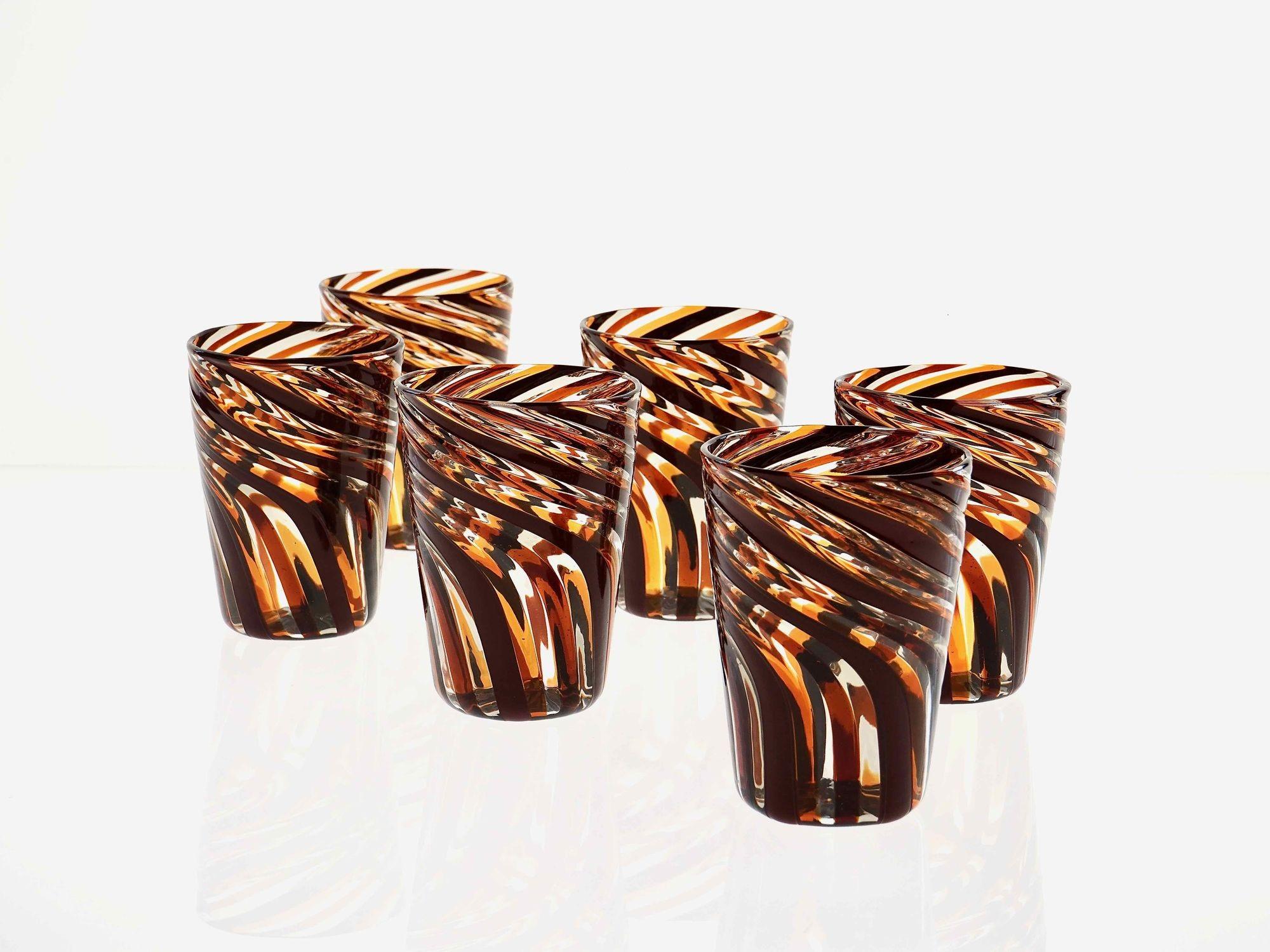 Set of 6 Murano Glass Tumblers, Mezzo Ritorto in Brown and Amber hues, Signed For Sale 5