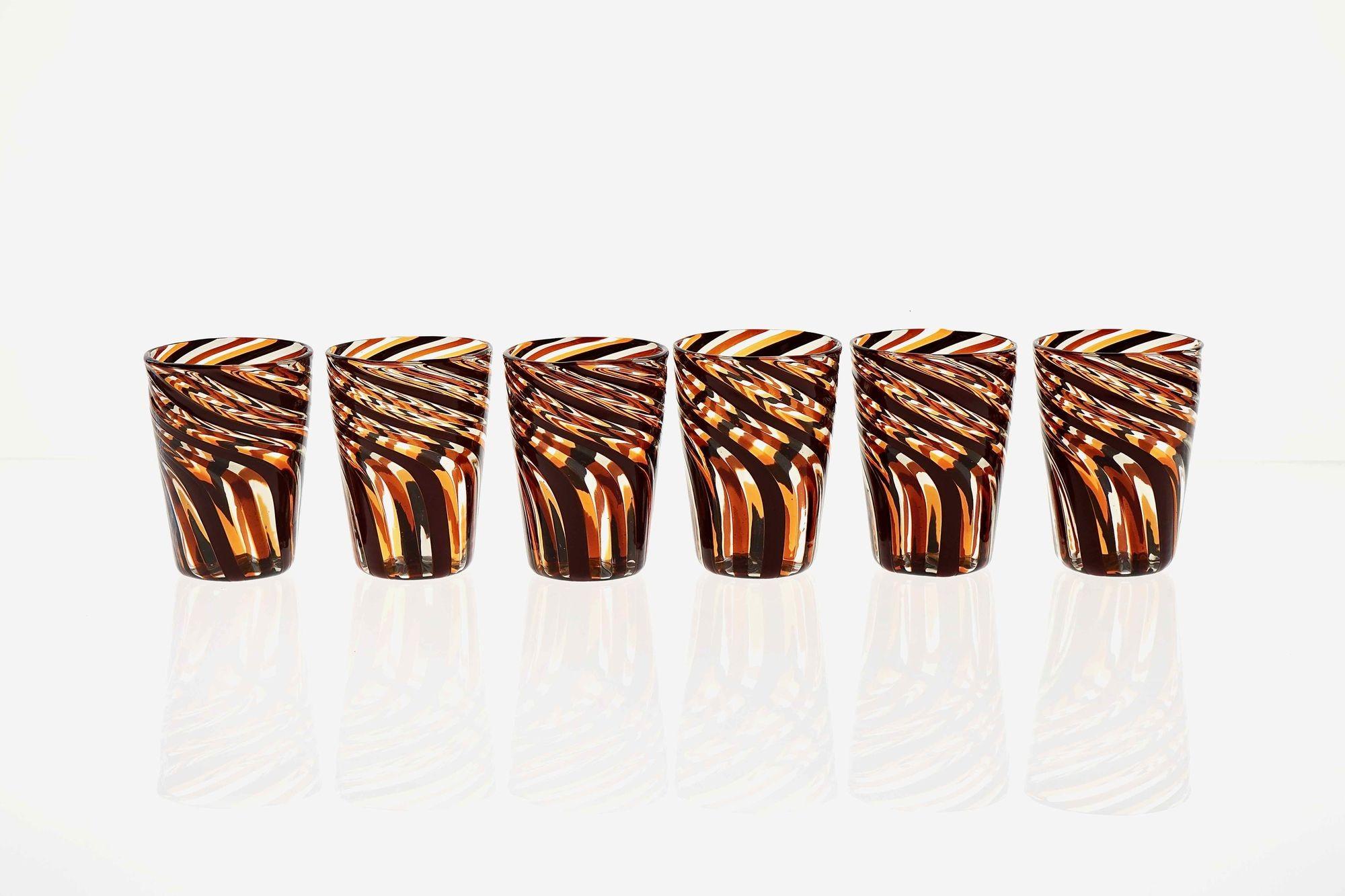 Set of 6 Murano Glass Tumblers, Mezzo Ritorto in Brown and Amber hues, Signed For Sale 6