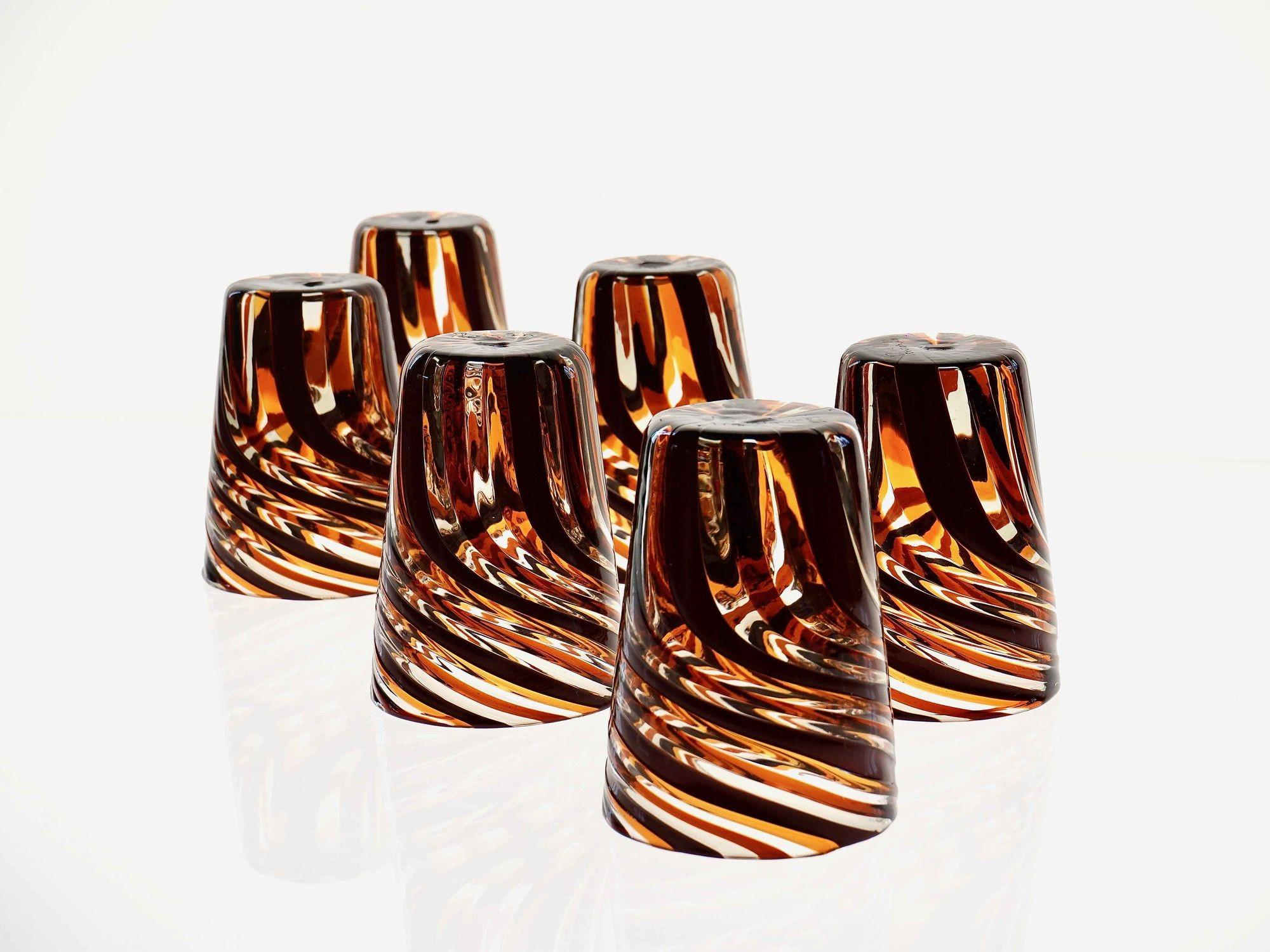 Set of 6 Murano Glass Tumblers, Mezzo Ritorto in Brown and Amber hues, Signed For Sale 7