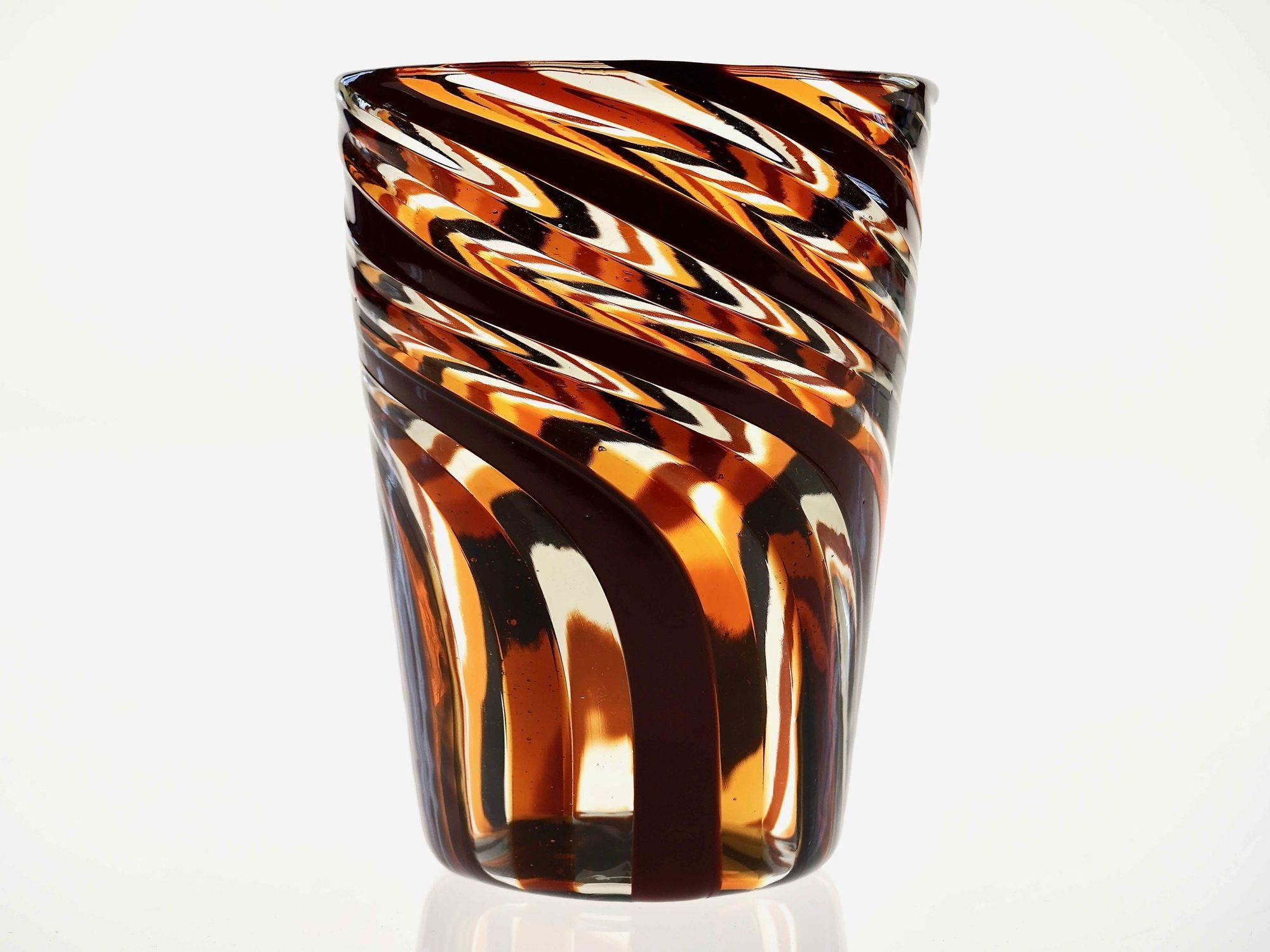 Set of 6 Murano Glass Tumblers, Mezzo Ritorto in Brown and Amber hues, Signed For Sale 11