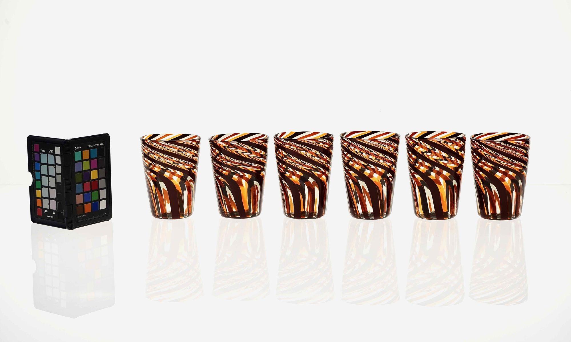 Set of 6 Murano Glass Tumblers, Mezzo Ritorto in Brown and Amber hues, Signed For Sale 14