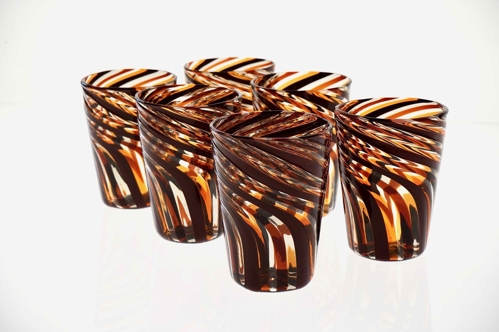 Mid-Century Modern Set of 6 Murano Glass Tumblers, Mezzo Ritorto in Brown and Amber hues, Signed For Sale