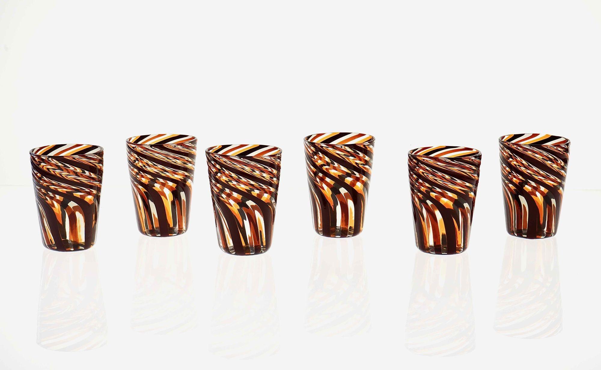 Italian Set of 6 Murano Glass Tumblers, Mezzo Ritorto in Brown and Amber hues, Signed For Sale