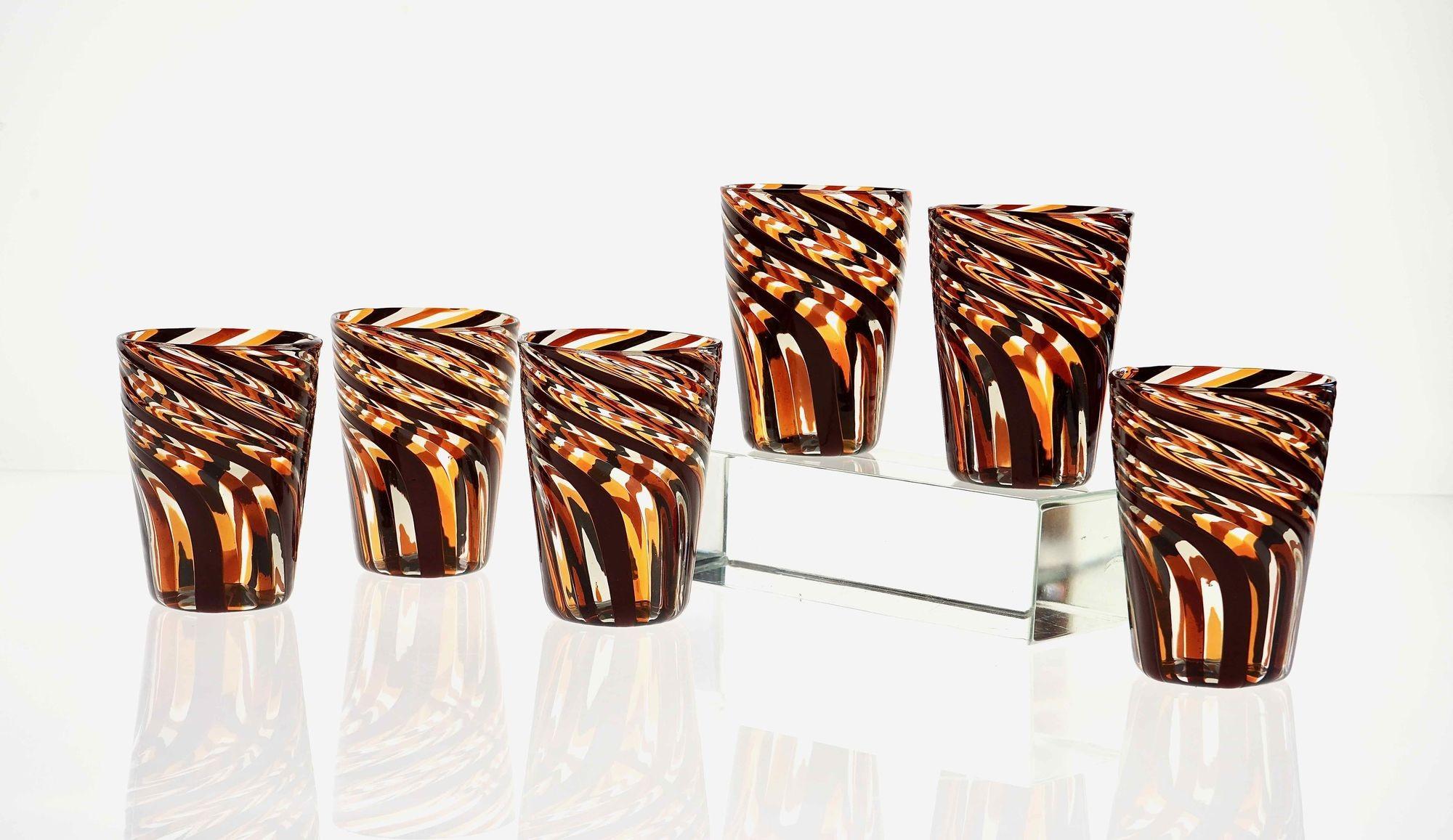 Set of 6 Murano Glass Tumblers, Mezzo Ritorto in Brown and Amber hues, Signed In Excellent Condition For Sale In Tavarnelle val di Pesa, Florence