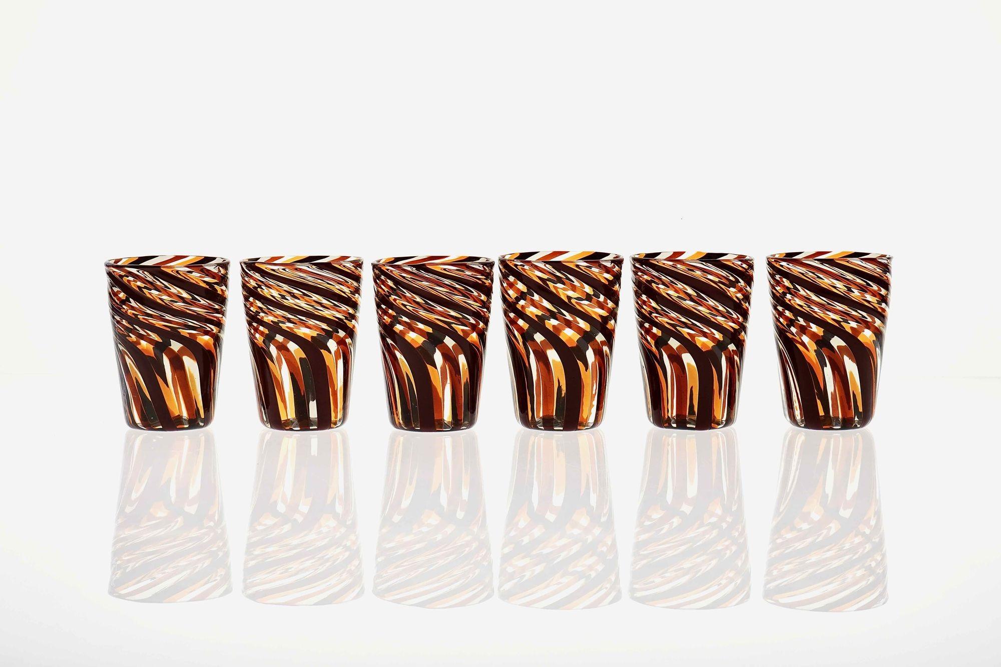 Contemporary Set of 6 Murano Glass Tumblers, Mezzo Ritorto in Brown and Amber hues, Signed For Sale