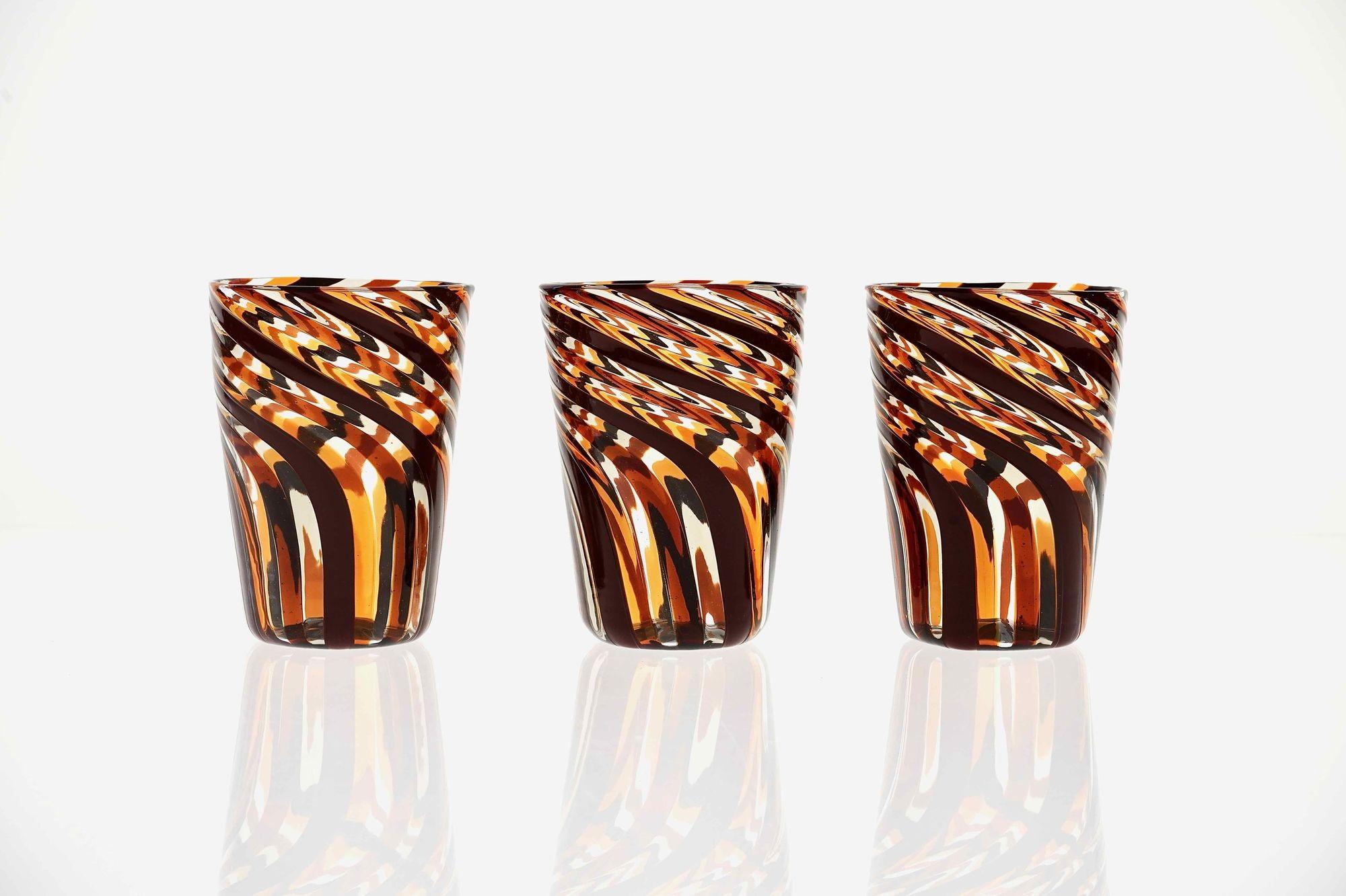 Set of 6 Murano Glass Tumblers, Mezzo Ritorto in Brown and Amber hues, Signed For Sale 1