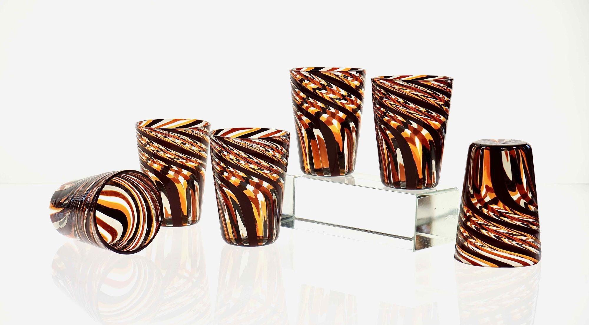 Set of 6 Murano Glass Tumblers, Mezzo Ritorto in Brown and Amber hues, Signed For Sale 2