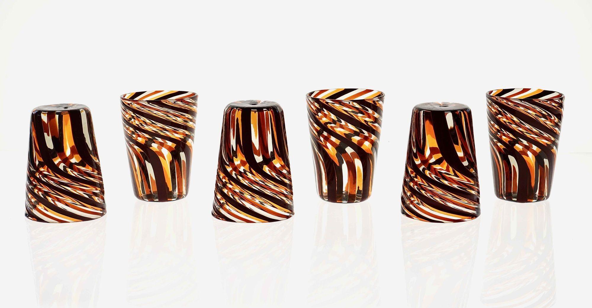 Set of 6 Murano Glass Tumblers, Mezzo Ritorto in Brown and Amber hues, Signed For Sale 3