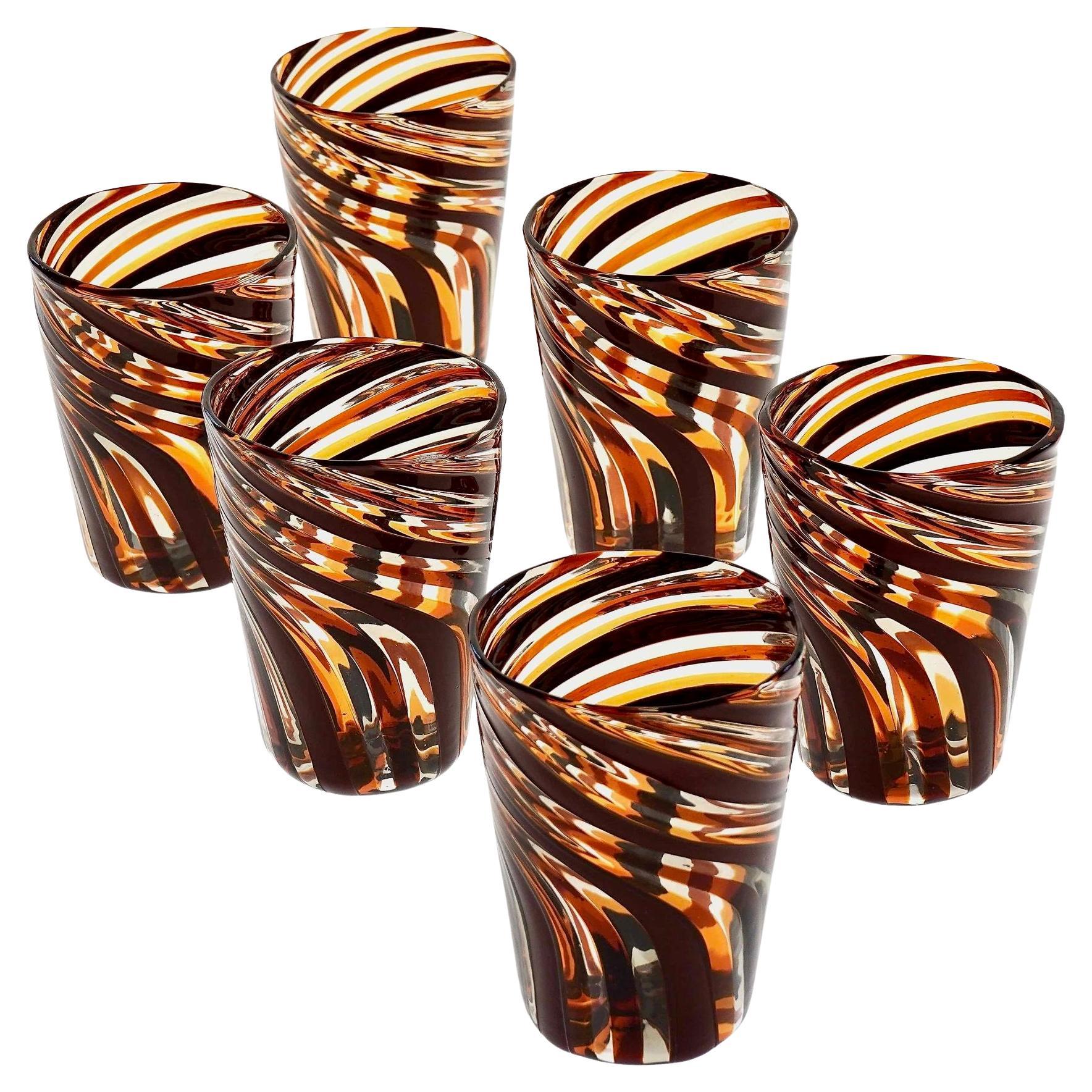 Set of 6 Murano Glass Tumblers, Mezzo Ritorto in Brown and Amber hues, Signed For Sale