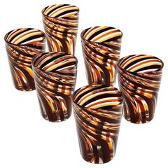 Set of 6 Murano Glass Tumblers, Mezzo Ritorto in Brown and Amber hues, Signed