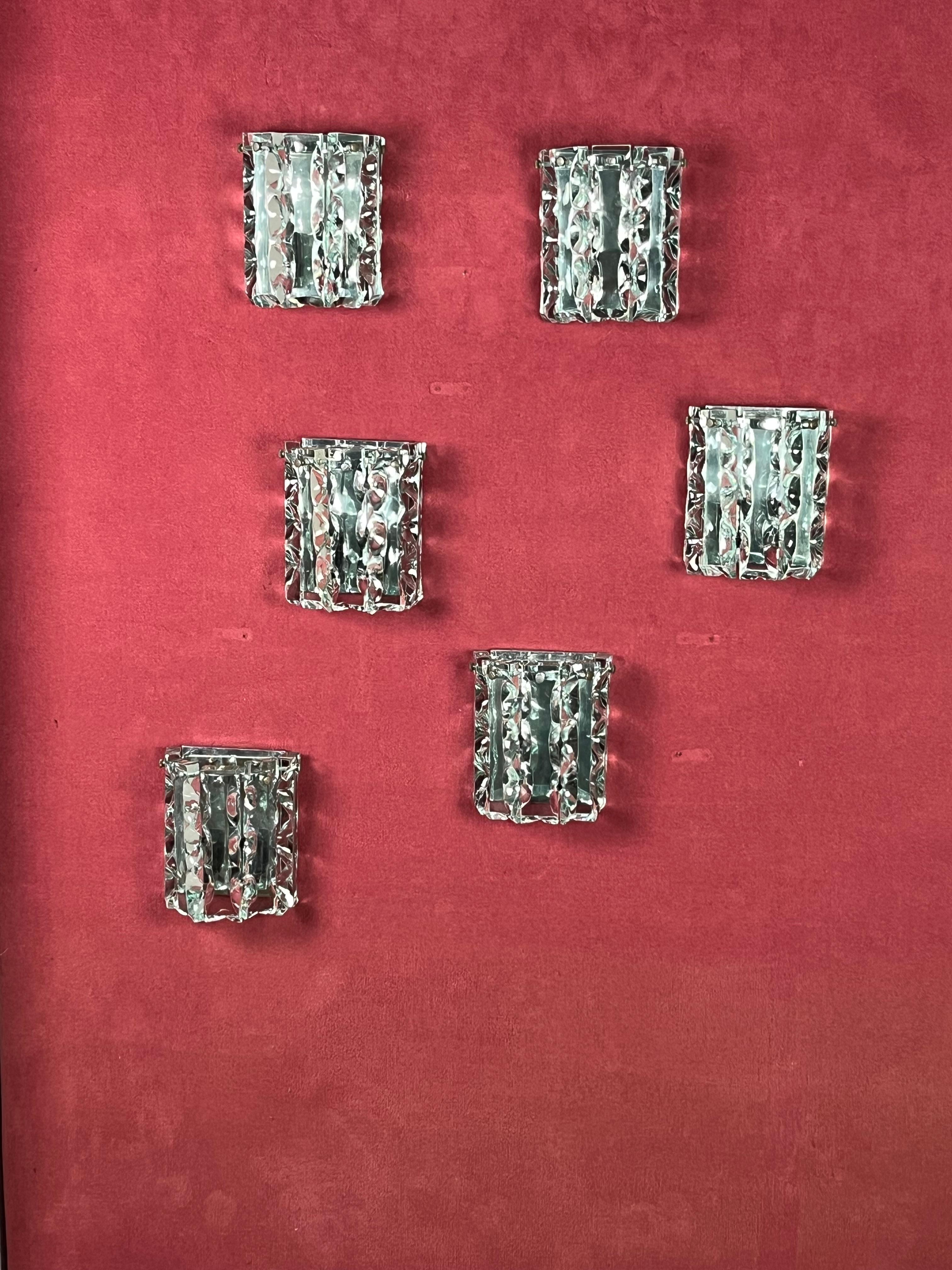 Italian Set of 6 Murano Glass Wall Lamps attributed to P. Chiesa for Fontana Arte, 1960s For Sale