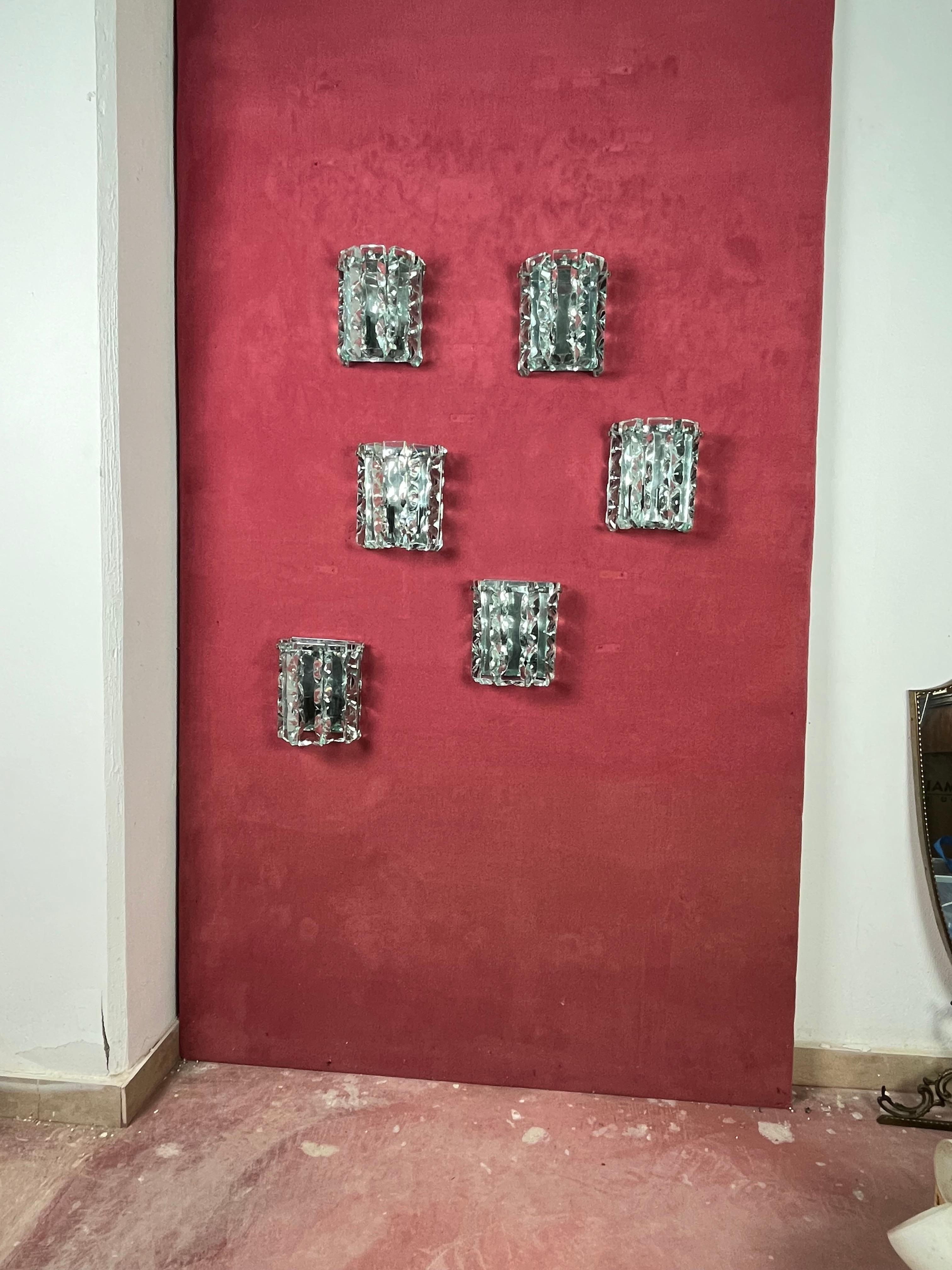 Mid-20th Century Set of 6 Murano Glass Wall Lamps attributed to P. Chiesa for Fontana Arte, 1960s For Sale