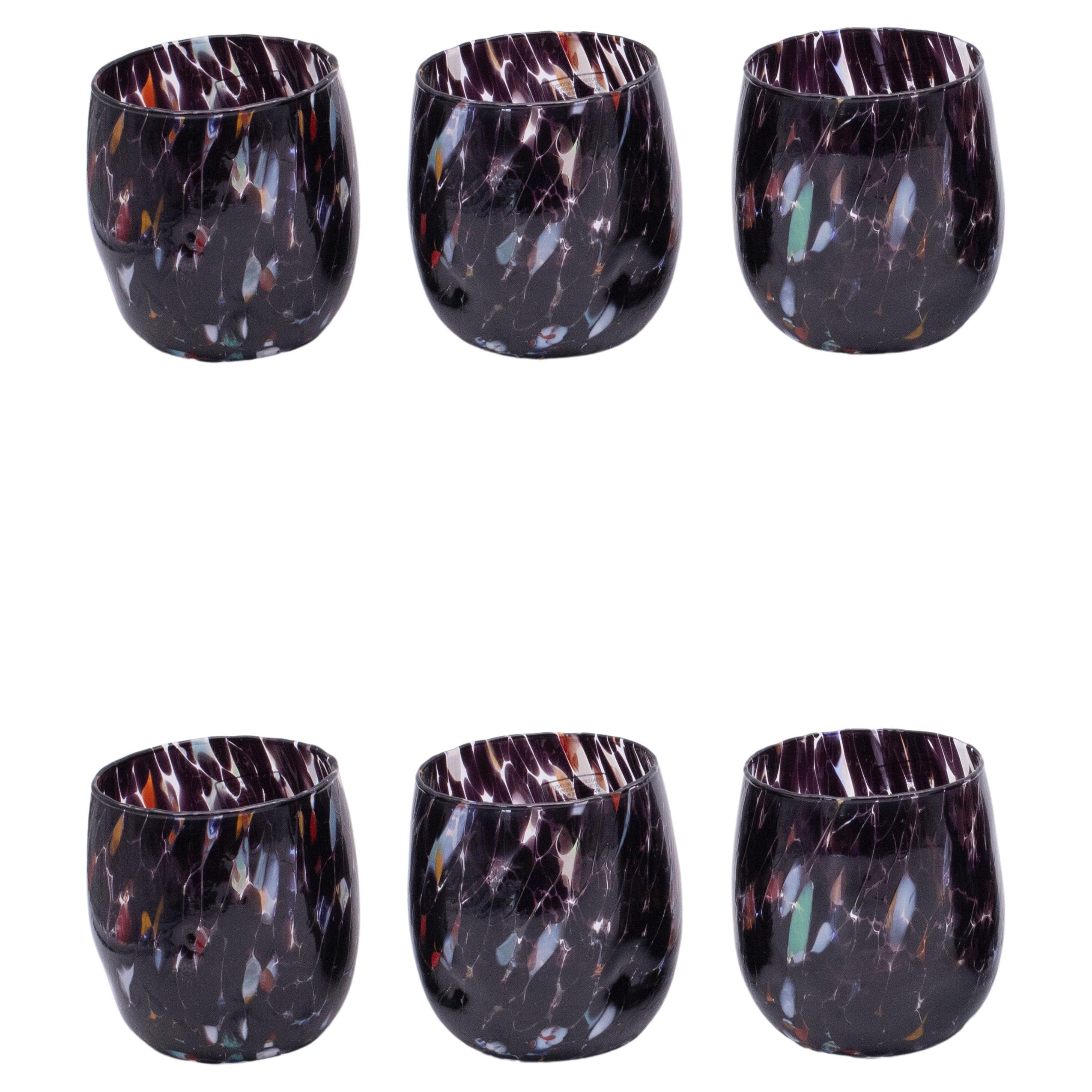 Set of 6 Murano Glasses Color "Black", Goto Botte Handmade, Murano Made in Italy For Sale