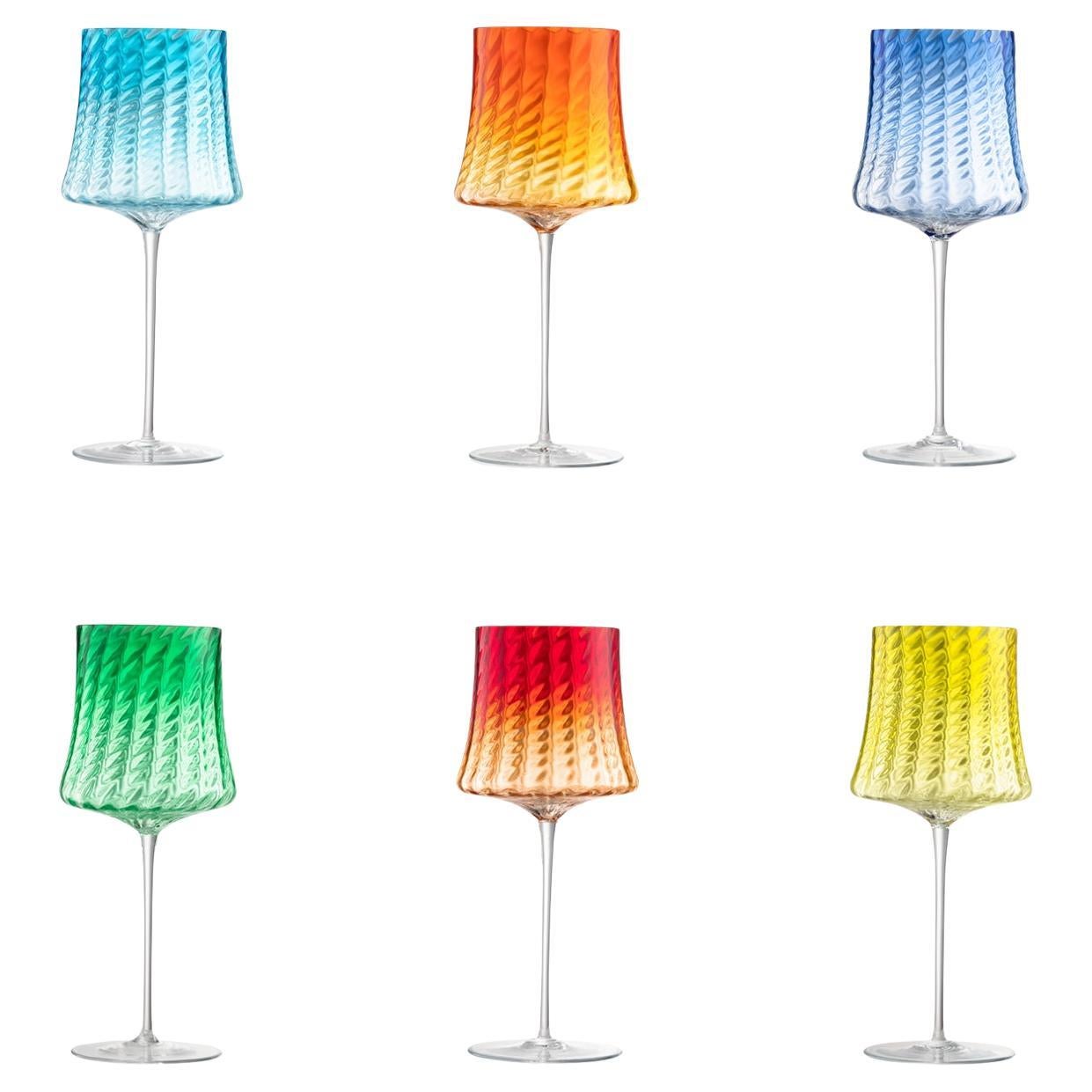 Set of 6 Murano Hand-Blown Red Wine Glasses in Assorted Colors Made in Venice