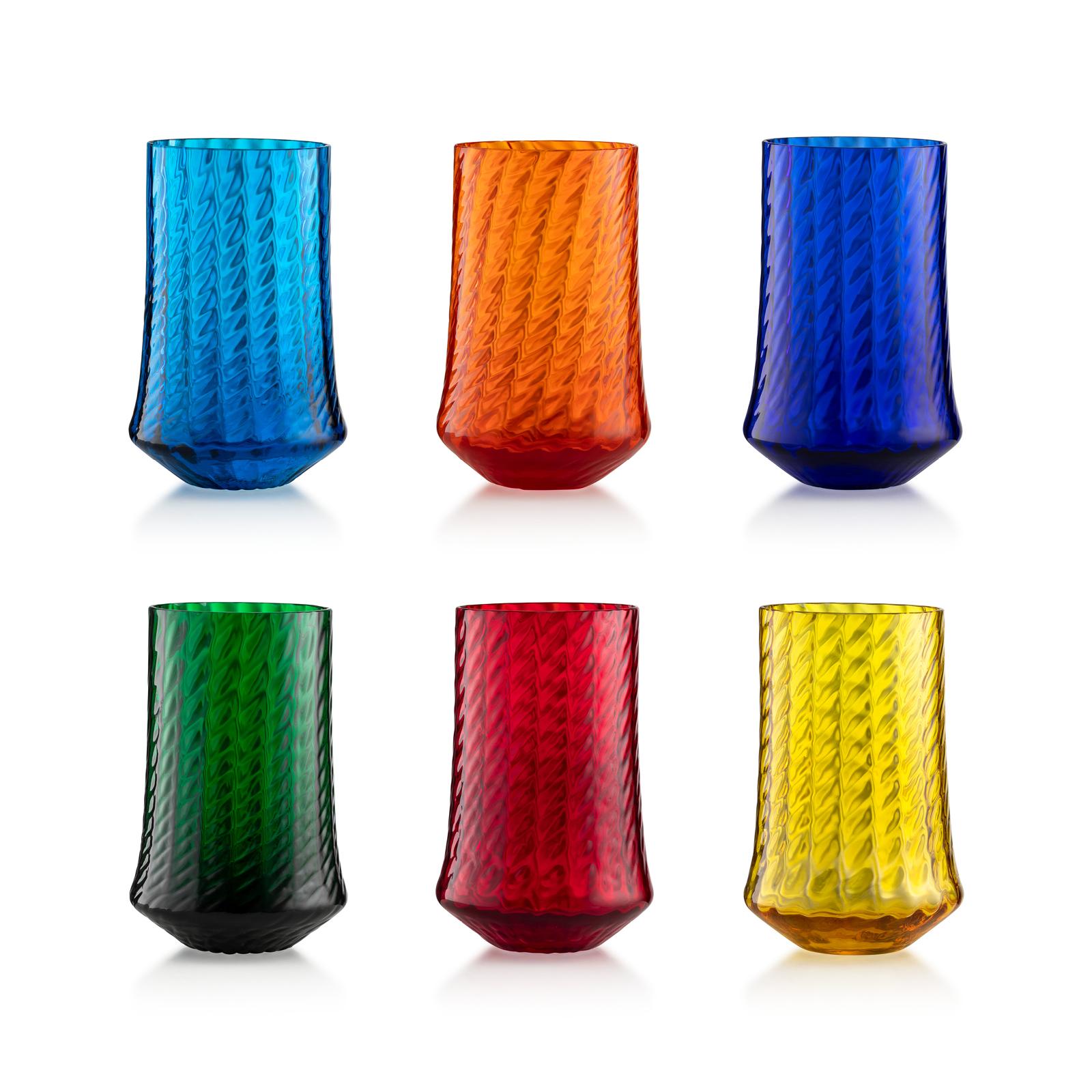 Crafted by the legendary Venetian glassmaker Salviati, this set of tall drink glasses exemplifies the vibrant artistry and refined craftsmanship for which Murano glass is celebrated. Each piece is hand-blown in Murano, Venice, using time-honored