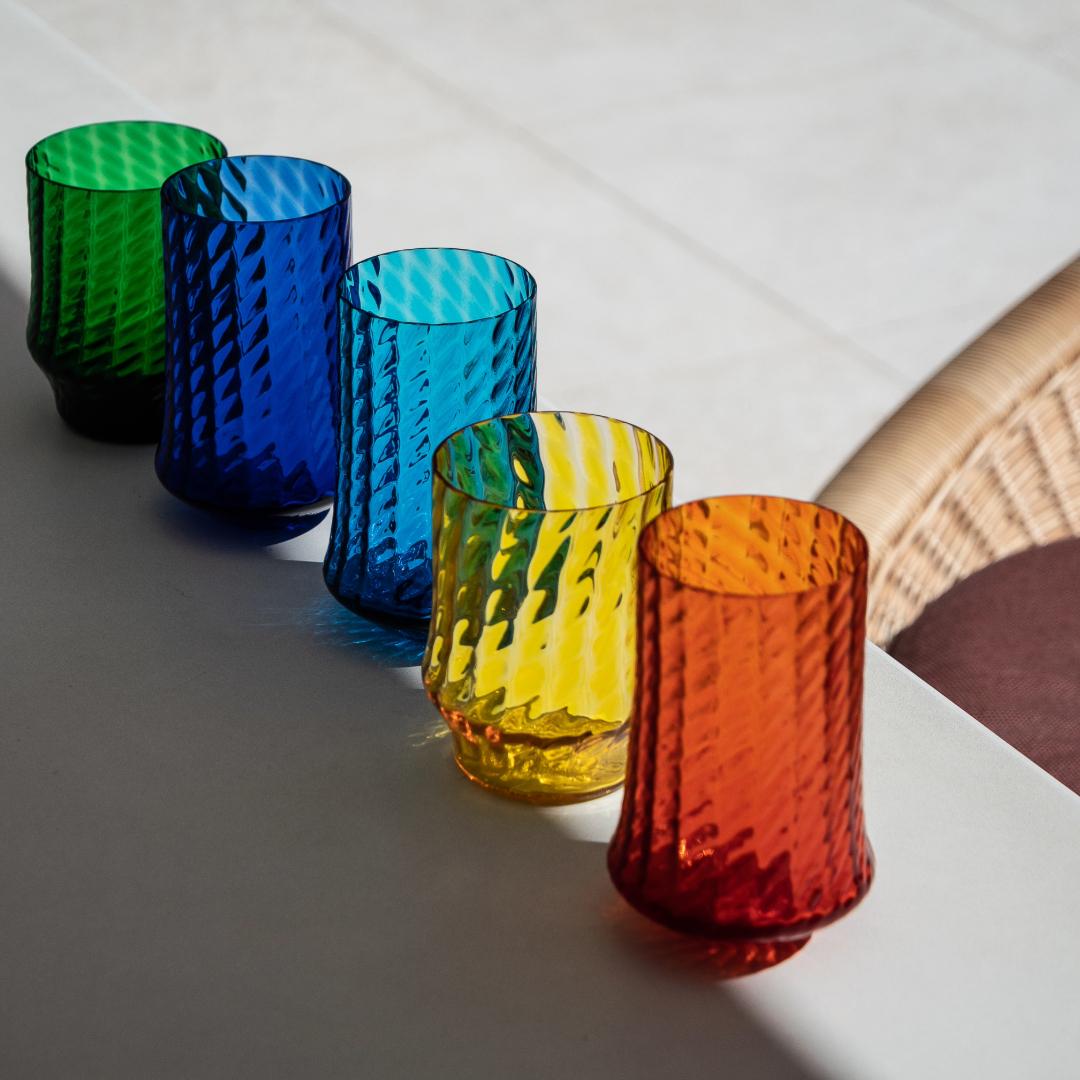 Contemporary Set of 6 Murano Hand-Blown Tall Drink Glasses in Assorted Colors Made in Venice For Sale