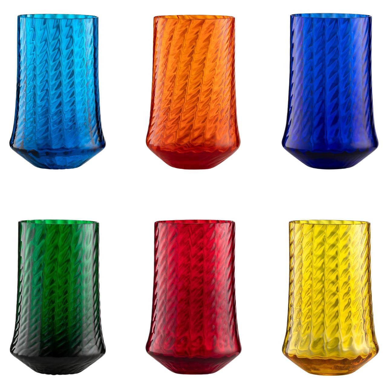 Set of 6 Murano Hand-Blown Tall Drink Glasses in Assorted Colors Made in Venice For Sale