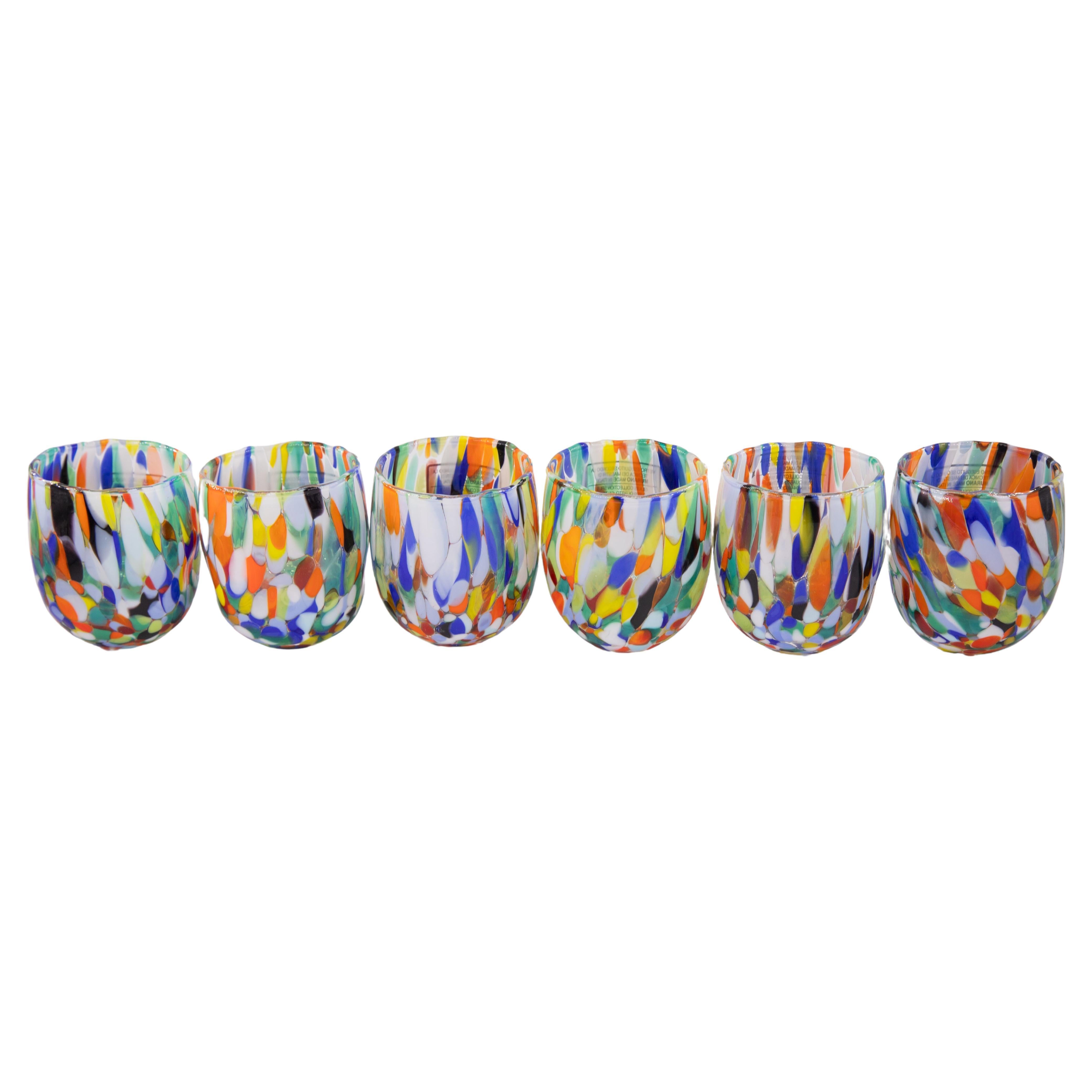 Ensemble de 6 verres de Murano couleur Arlecchino, faits à la main, verre de Murano