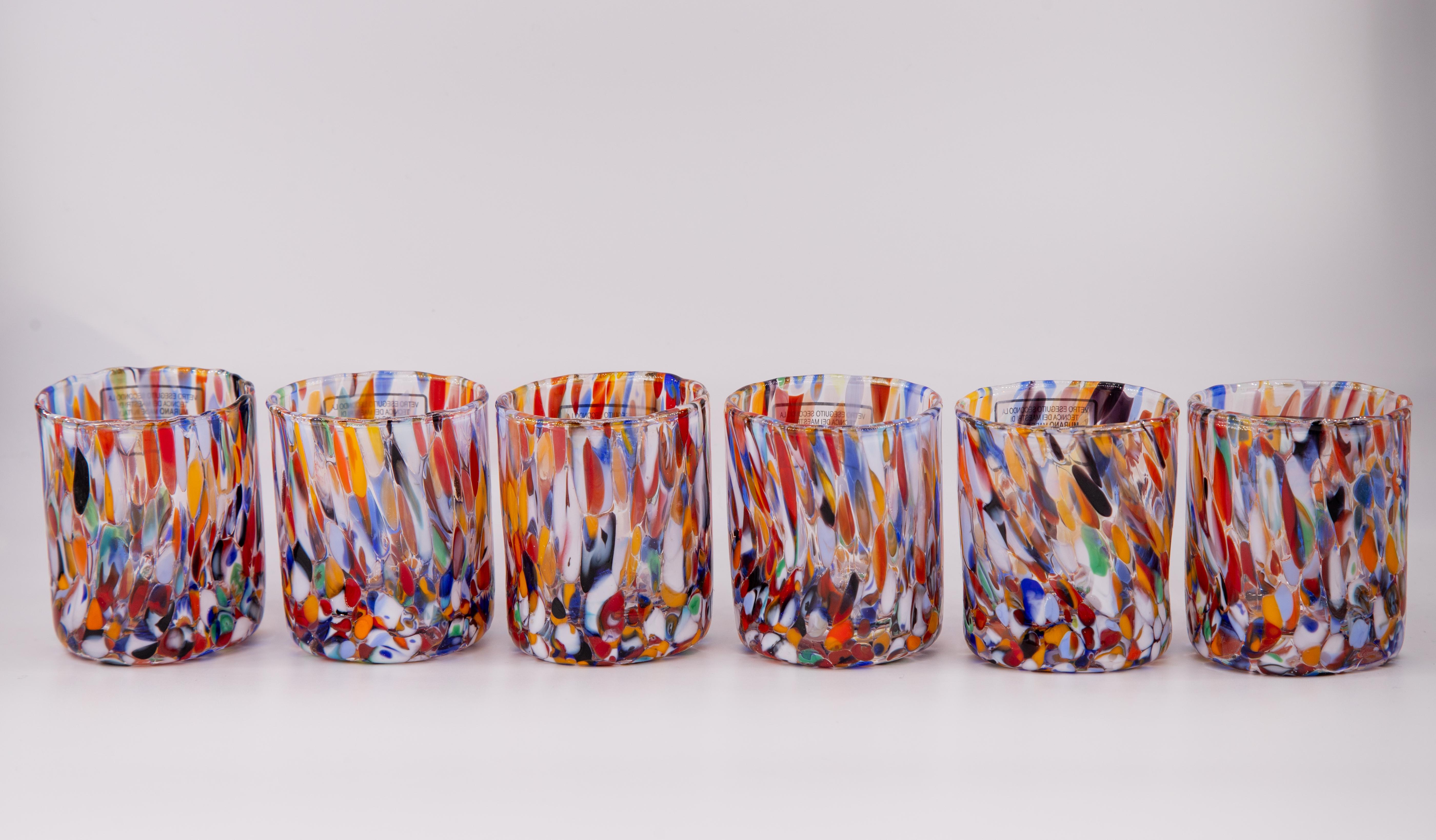 Set of six shot/coffee glasses color Millefiori - Murano glass - Made in Italy.

These individual Murano glasses are inspired by the classic 