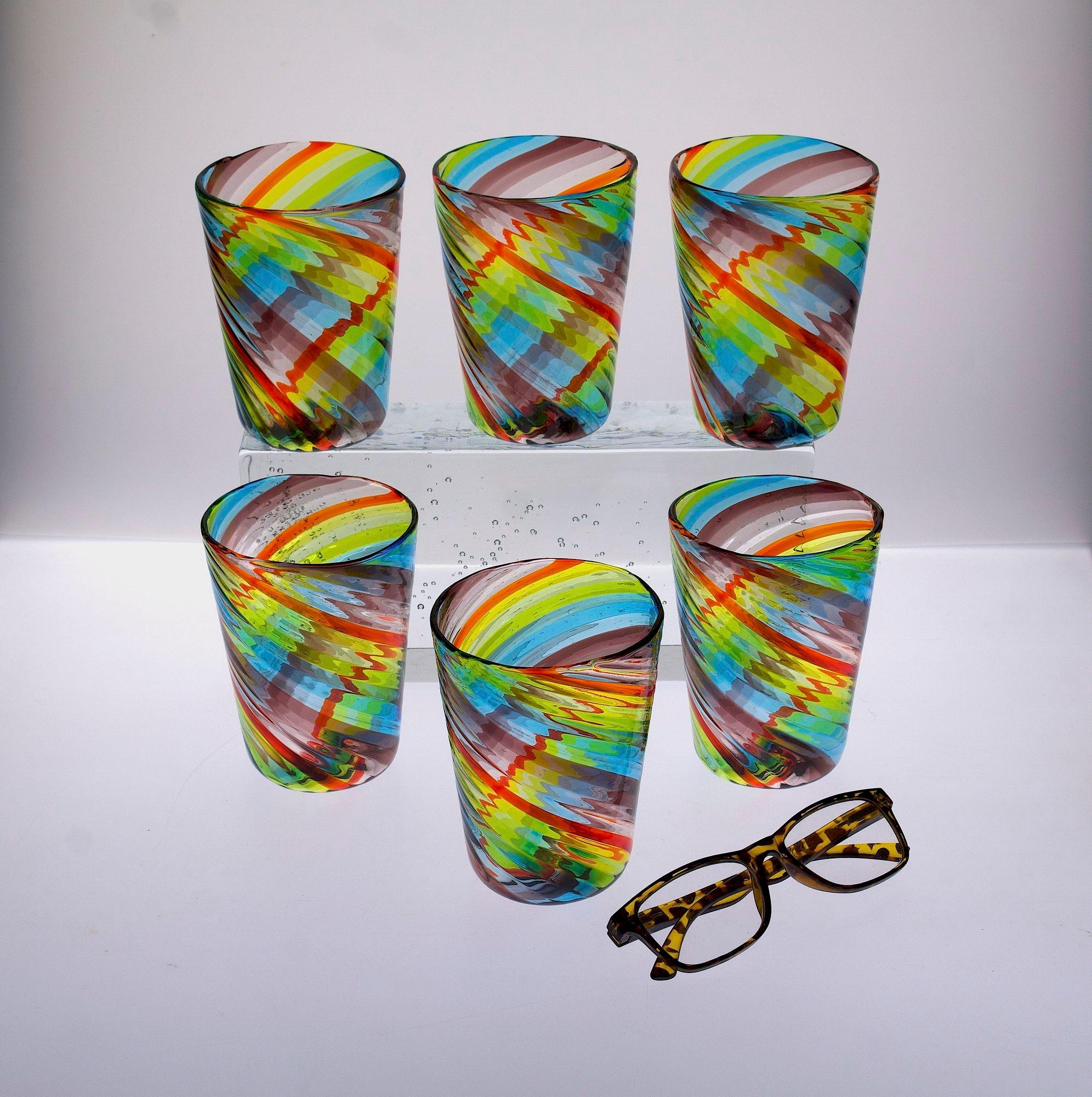 Ensemble de 6 verres de Murano, Tartan, 4 améthystes, 3 bleus, 4 verts, un rouge Ritorto en vente 13