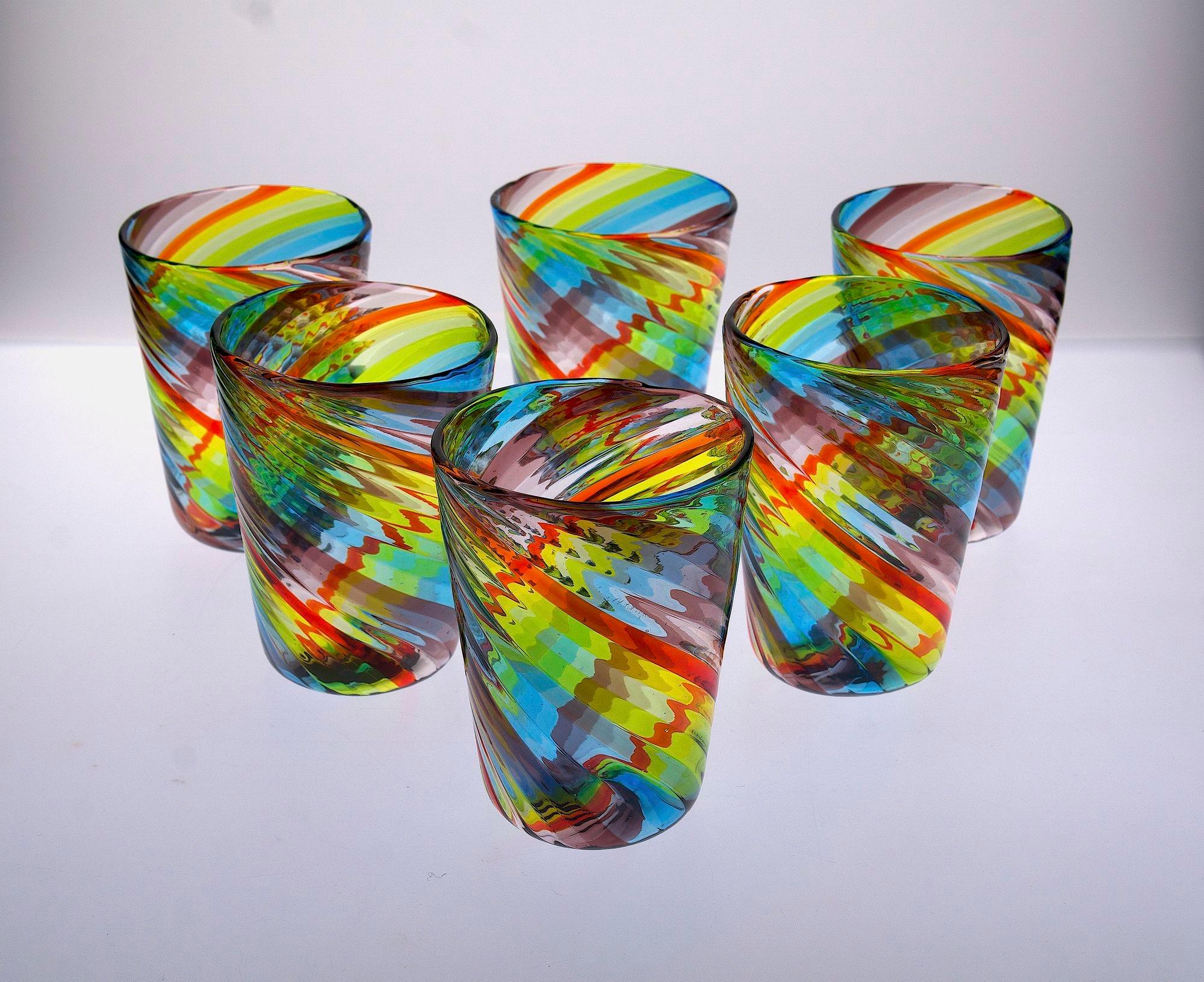 Mid-Century Modern Ensemble de 6 verres de Murano, Tartan, 4 améthystes, 3 bleus, 4 verts, un rouge Ritorto en vente