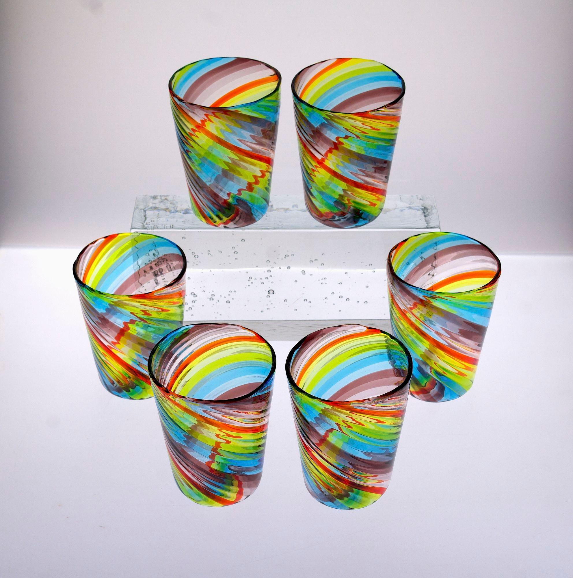 XXIe siècle et contemporain Ensemble de 6 verres de Murano, Tartan, 4 améthystes, 3 bleus, 4 verts, un rouge Ritorto en vente
