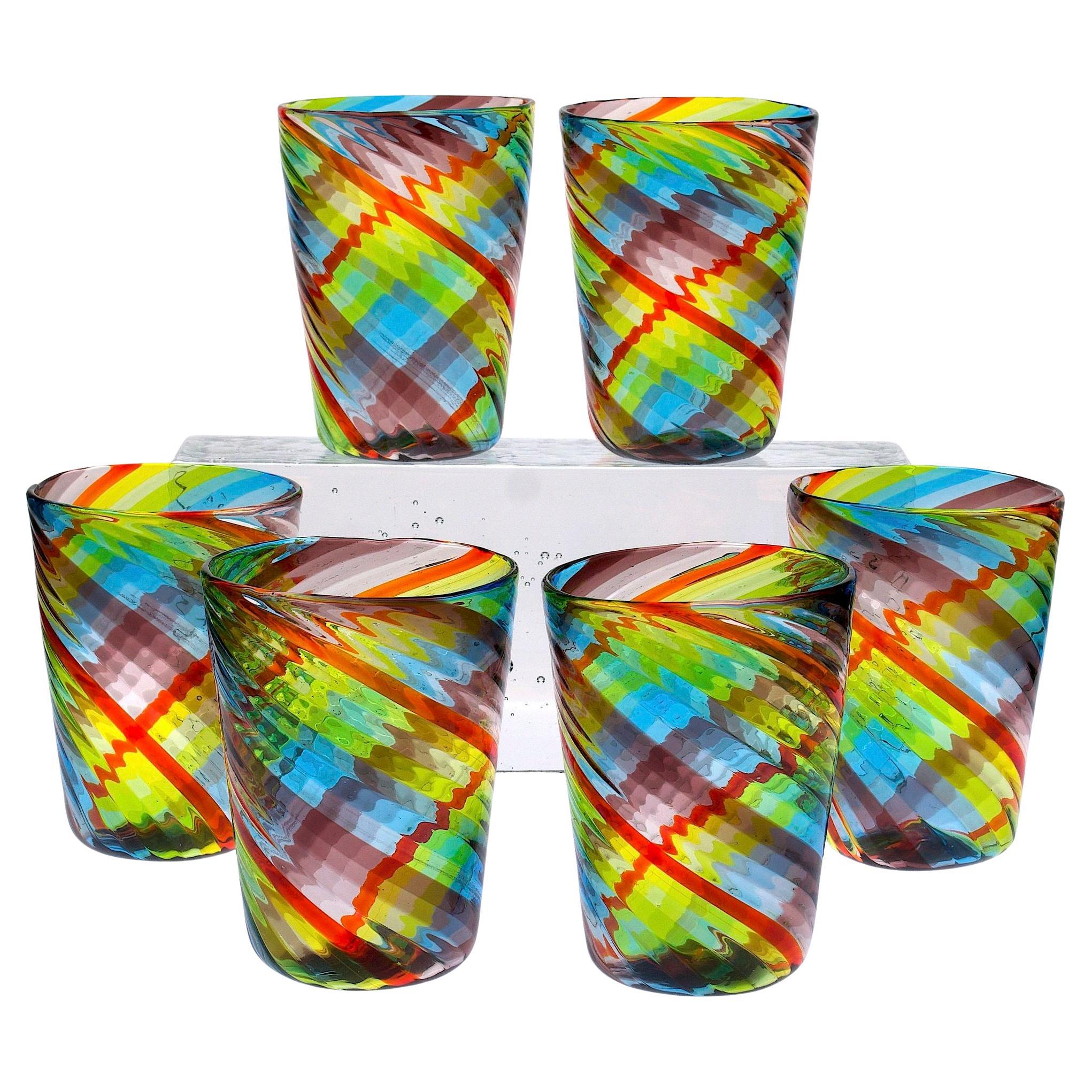 Set di 6 bicchieri di Murano, Tartan, 4 ametista, 3 blu, 4 verdi, uno rosso Ritorto