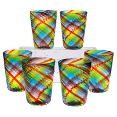 Set di 6 bicchieri di Murano, Tartan, 4 ametista, 3 blu, 4 verdi, uno rosso Ritorto